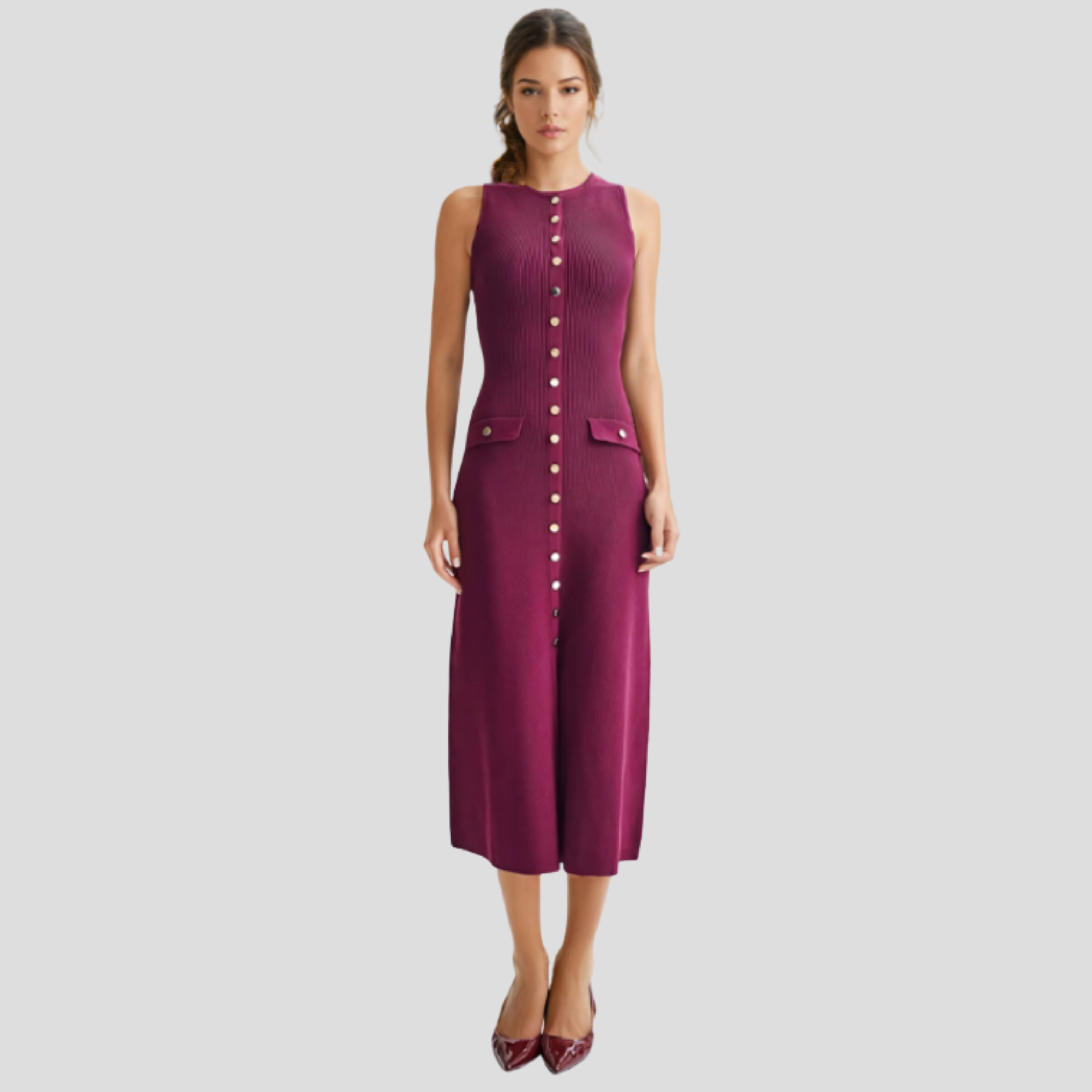 Women Midi Dress | Sleeveless Silhouette & Button-Front Detail for Daily Wear