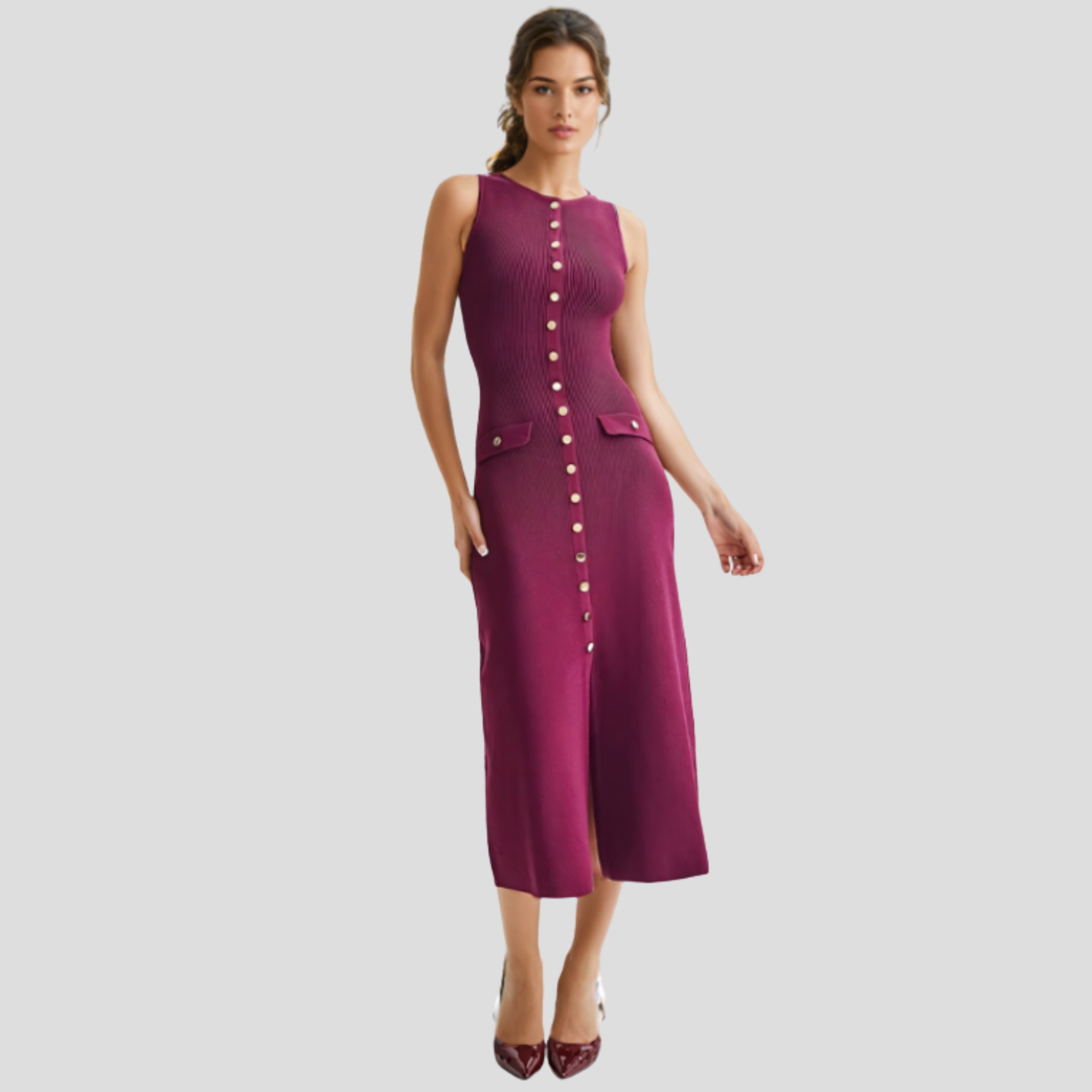 Women Midi Dress | Sleeveless Silhouette & Button-Front Detail for Daily Wear