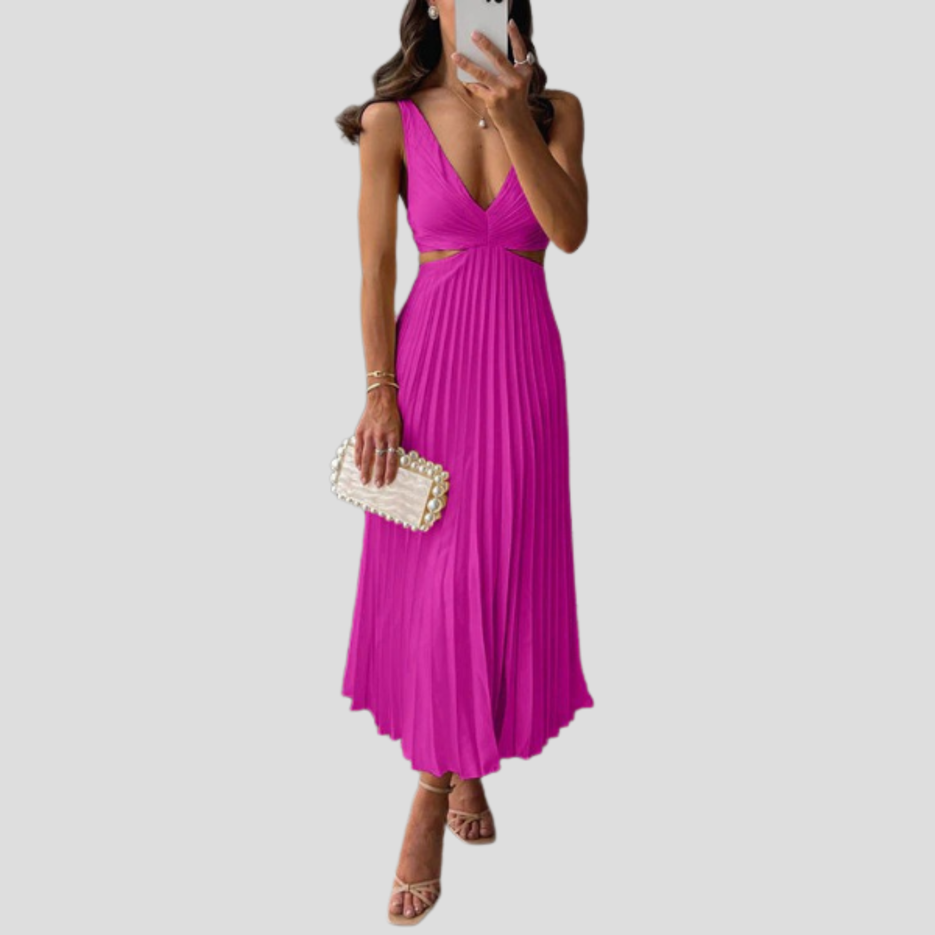 Women Midi Dress | V-Neckline Detail & Vertical Pleated Silhouette for Day Wear
