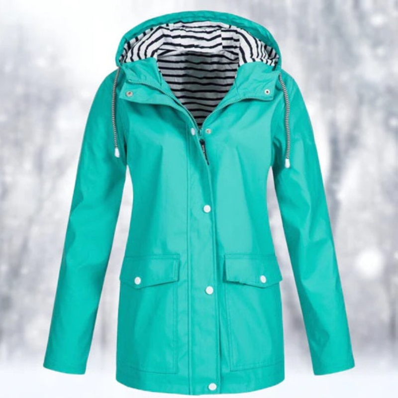 Women's lightweight hooded rain jacket with front pockets, shown in several colours