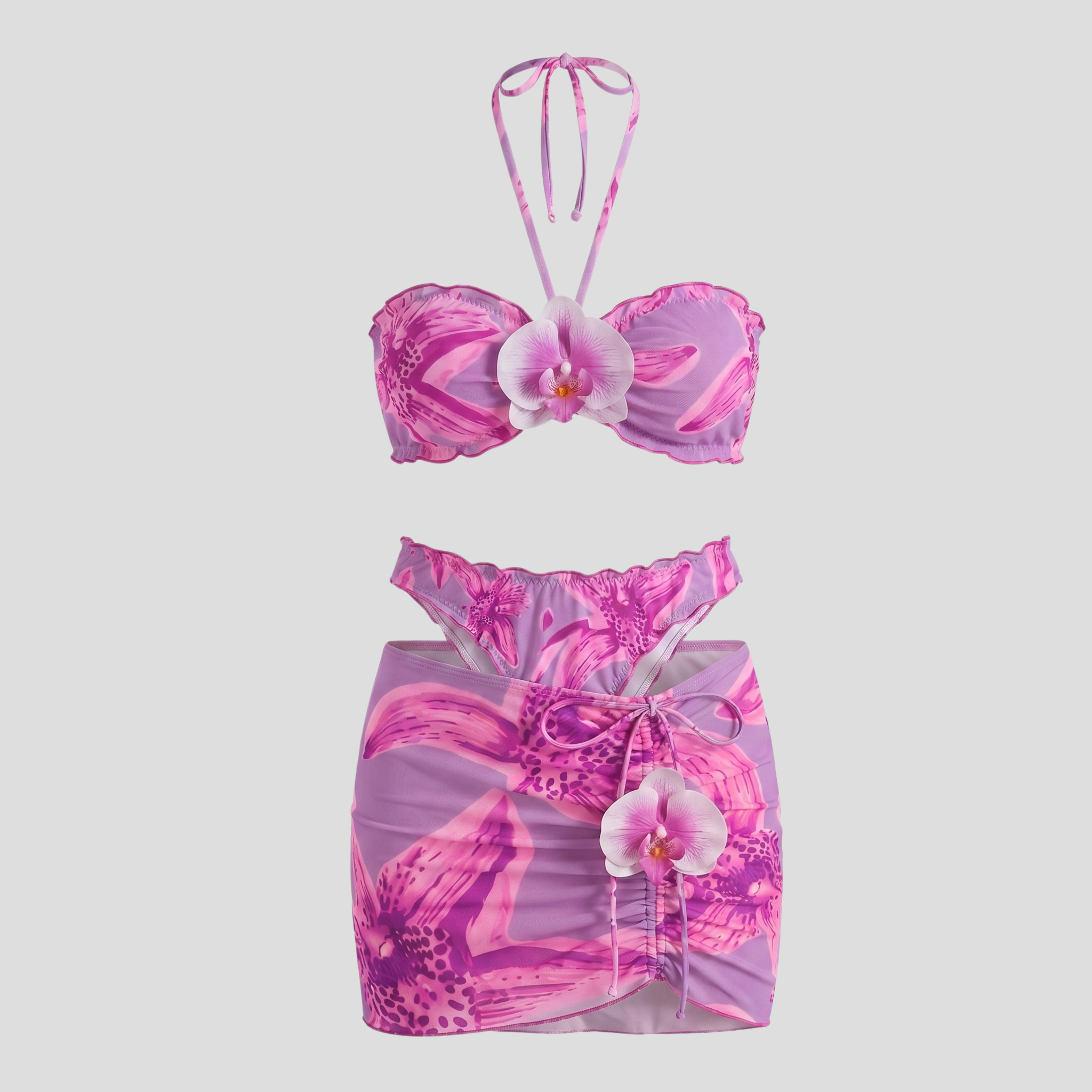 Women Three-Piece Resort Set | Floral Pattern Form & Wrap-Skirt Alignment for Beachwear