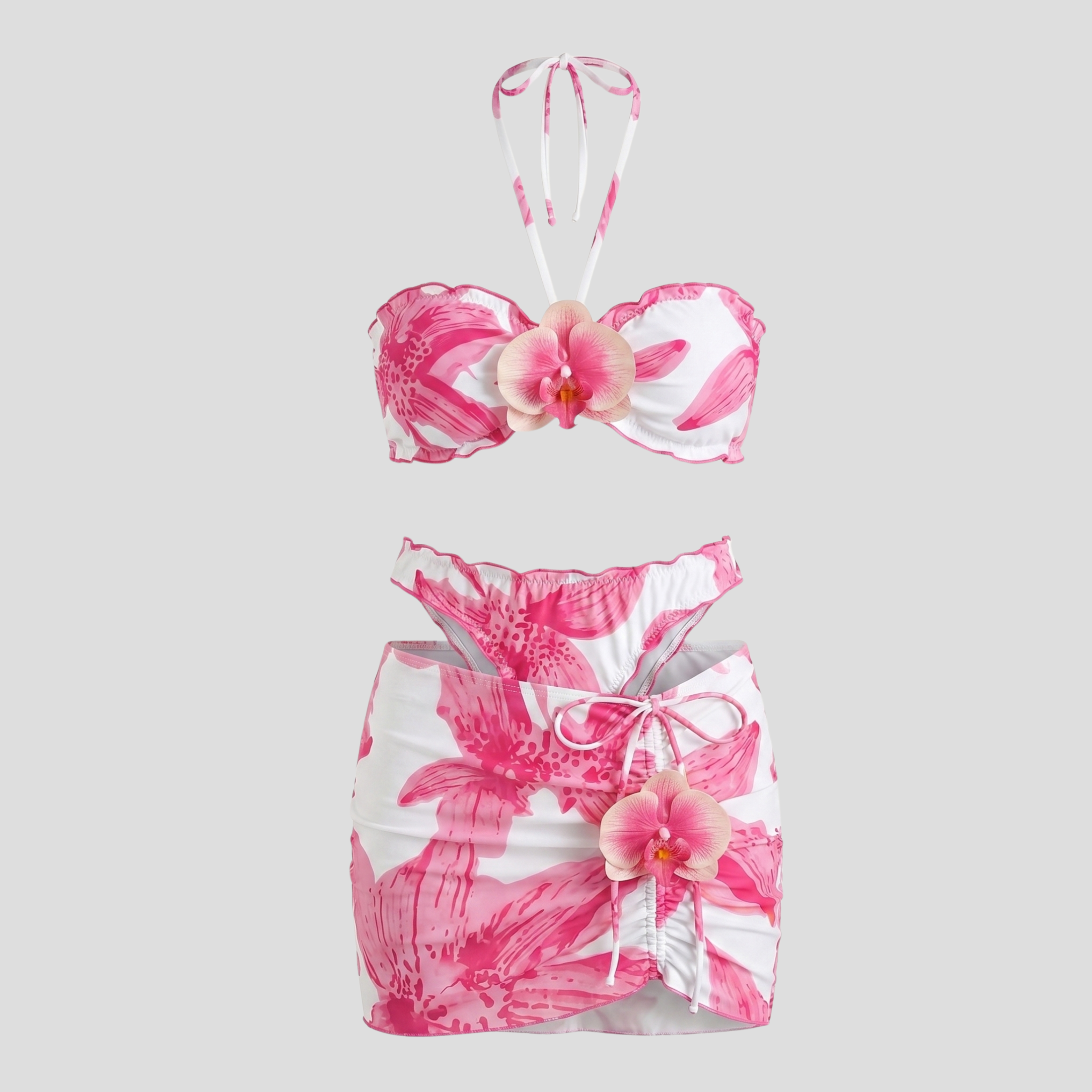 Women Three-Piece Resort Set | Floral Pattern Form & Wrap-Skirt Alignment for Beachwear