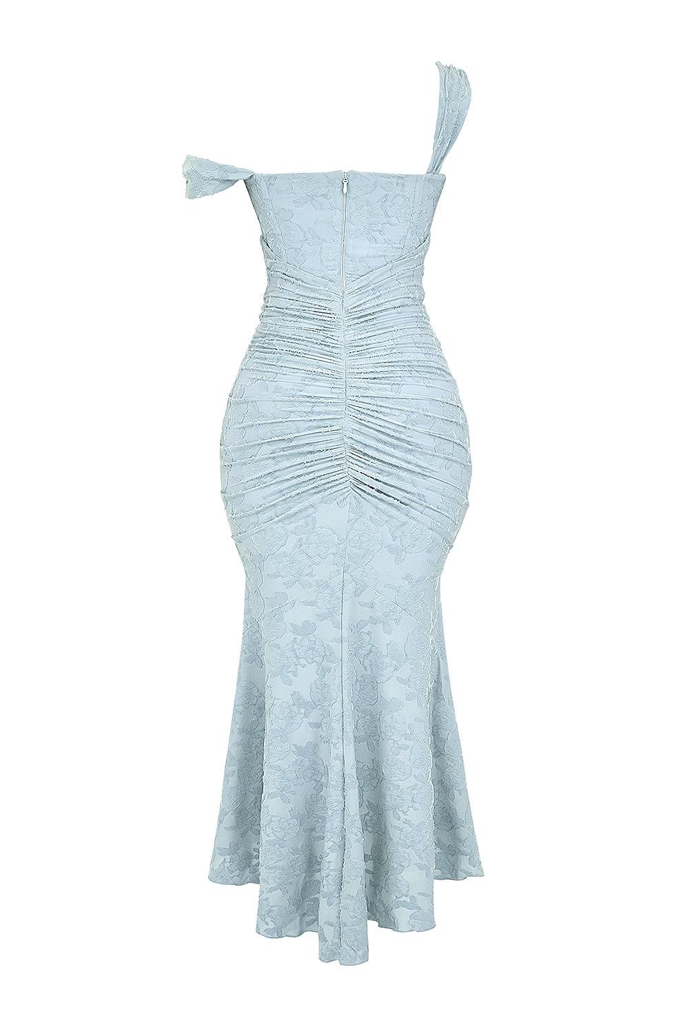 Sleeveless corset midi dress in jacquard lace with square neckline and mermaid fishtail hem