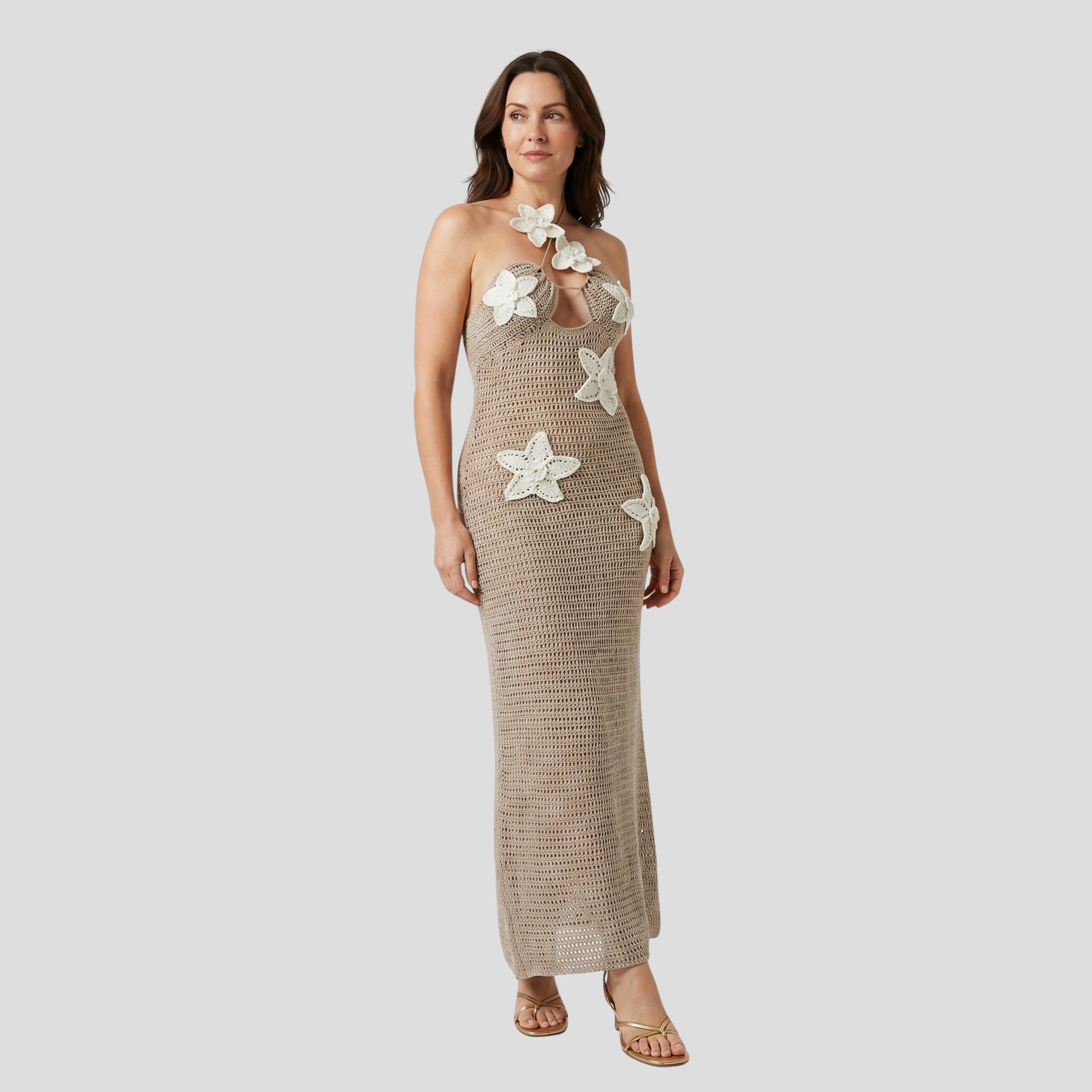 Women Maxi Dress | Halter Neckline Form & Floral Appliqué Alignment for Occasion Wear