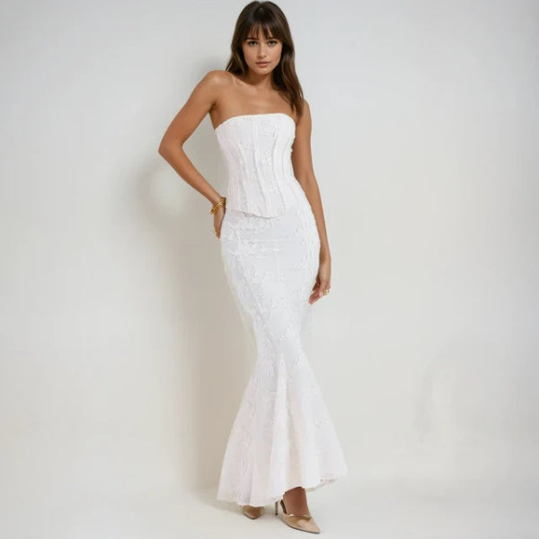 The Erica Structured Embroidered Corset Maxi Strapless Dress