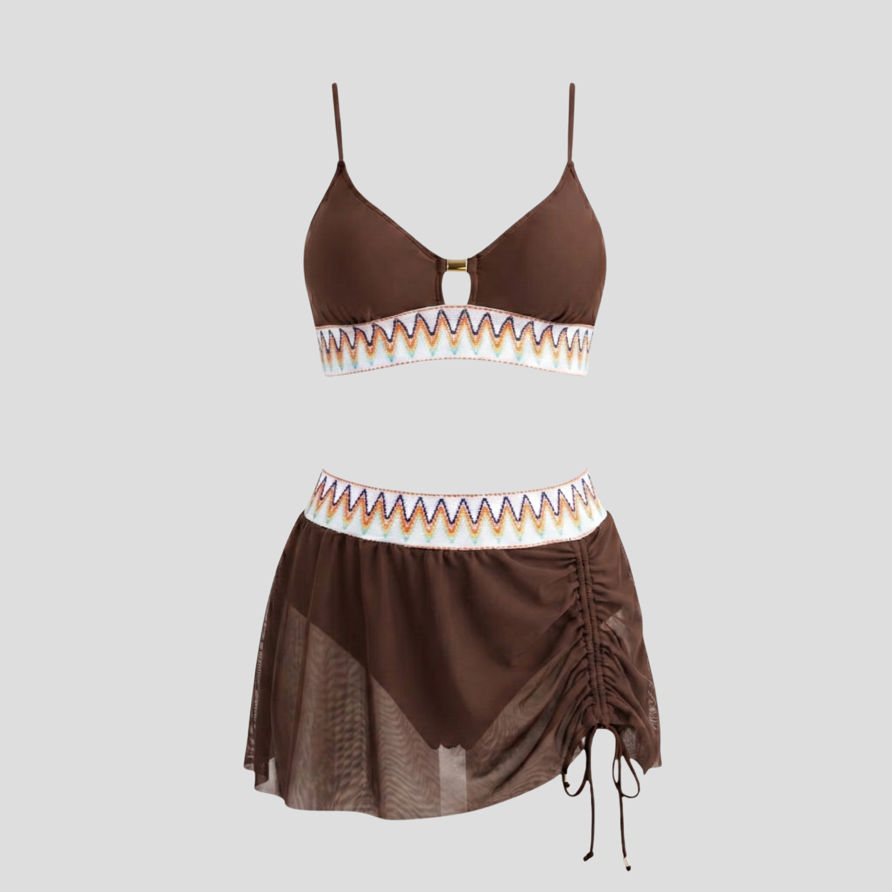 Women Three-Piece Swimwear Set | Embroidered Waistband Form & Tulle Skirt Alignment for Resort Wear
