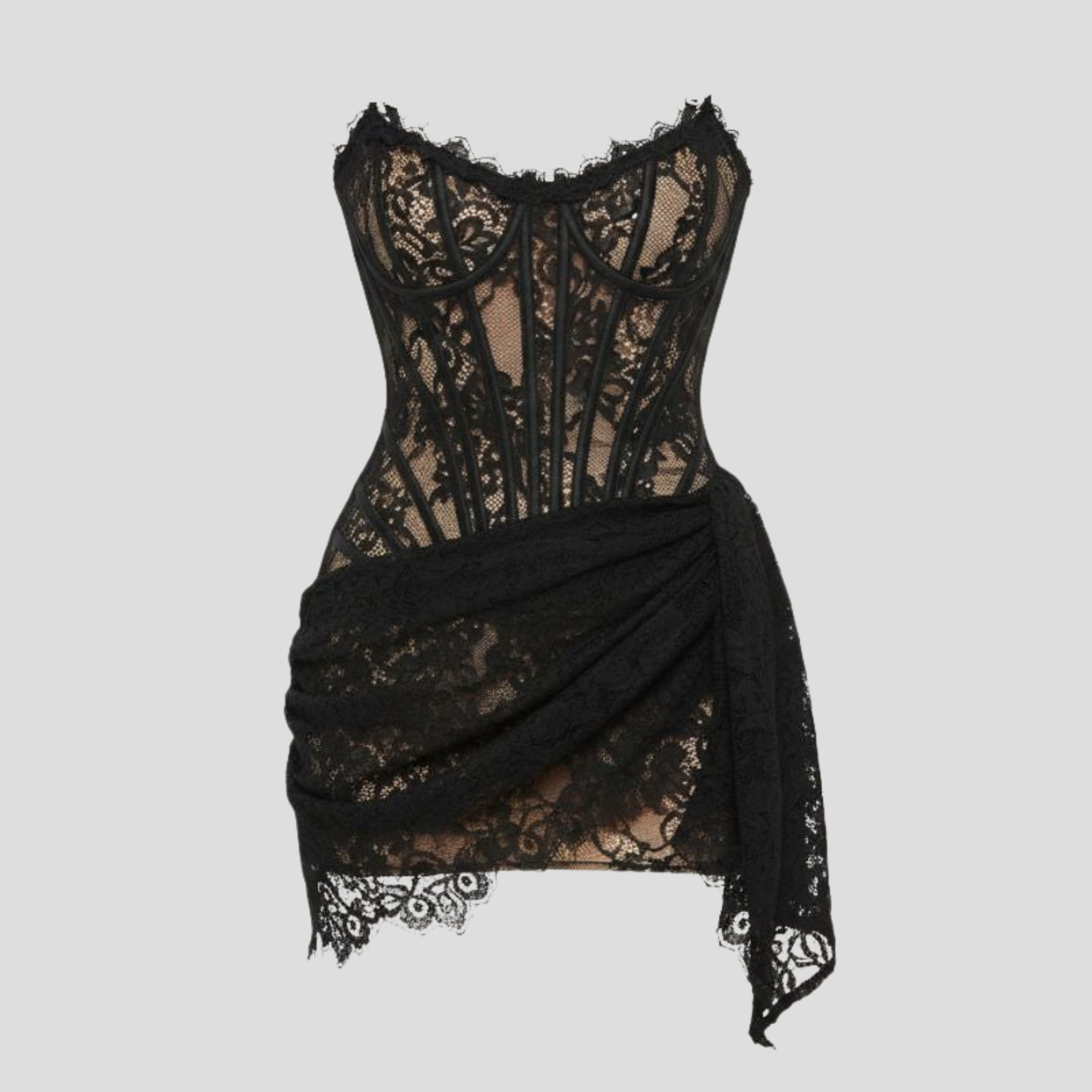 Women Corset Mini Dress | Strapless Boned Bodice & Asymmetrical Lace Detail for Evening Wear