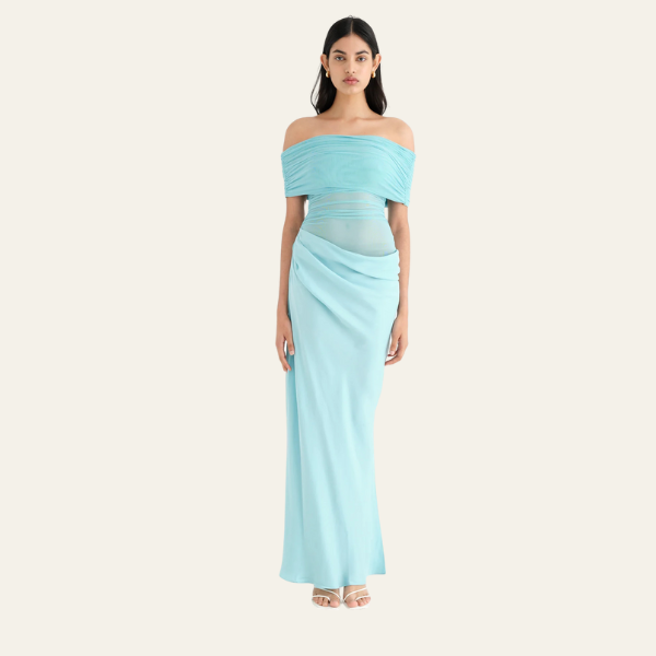 The Capri Off-Shoulder Draped Evening Maxi Dress