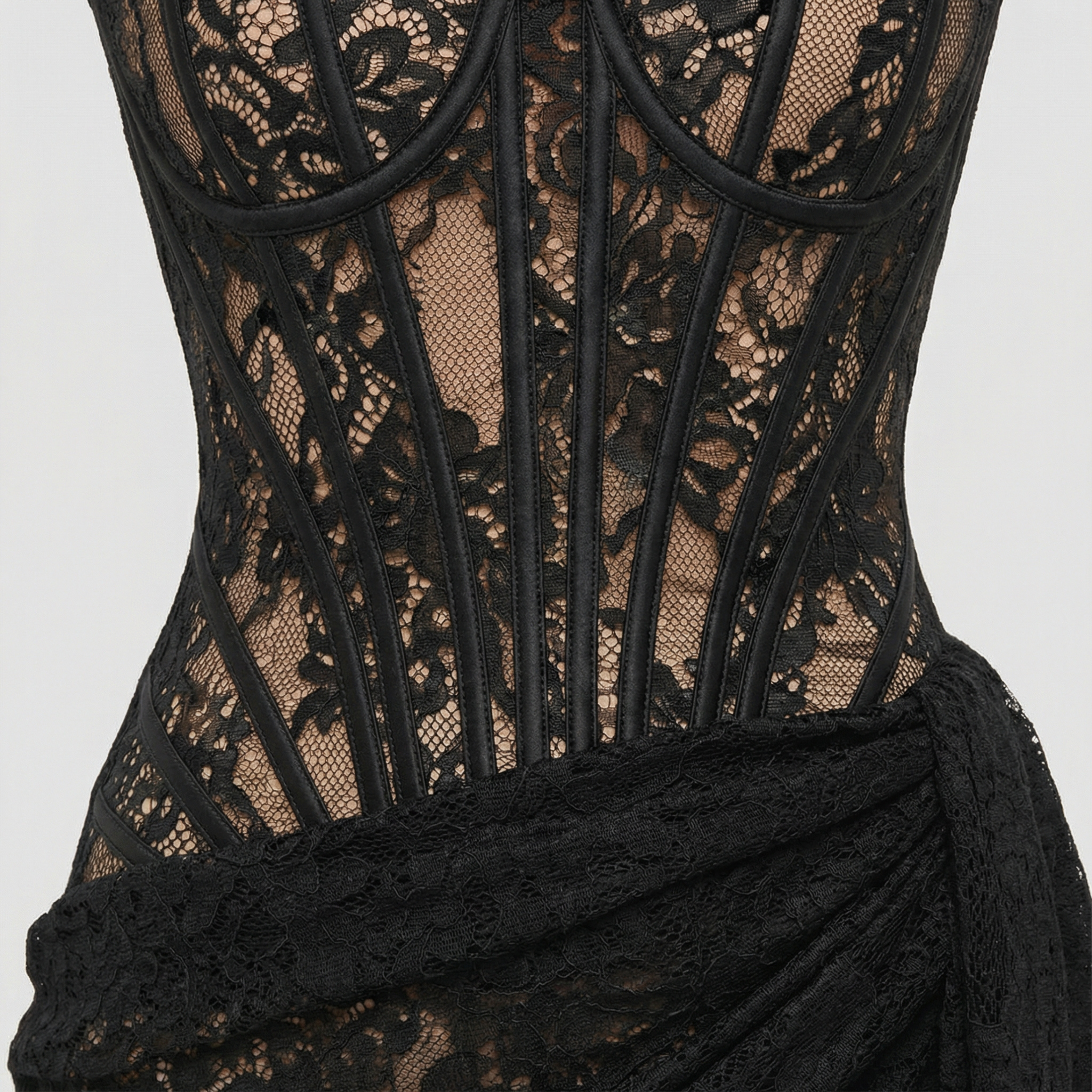Women Corset Mini Dress | Strapless Boned Bodice & Asymmetrical Lace Detail for Evening Wear