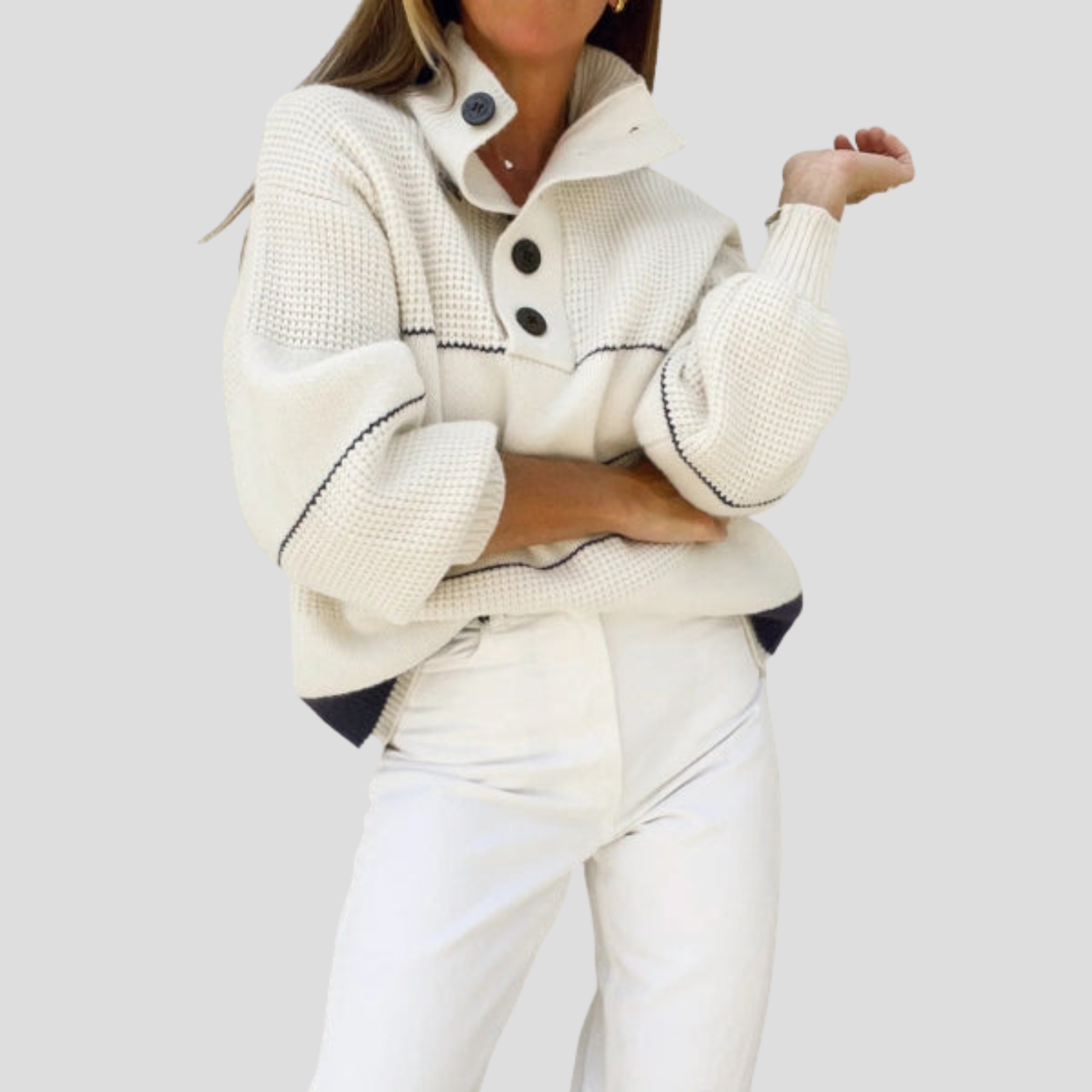 Women Sweater | Button Neck Detail & Textured Knit Silhouette for Daily Wear