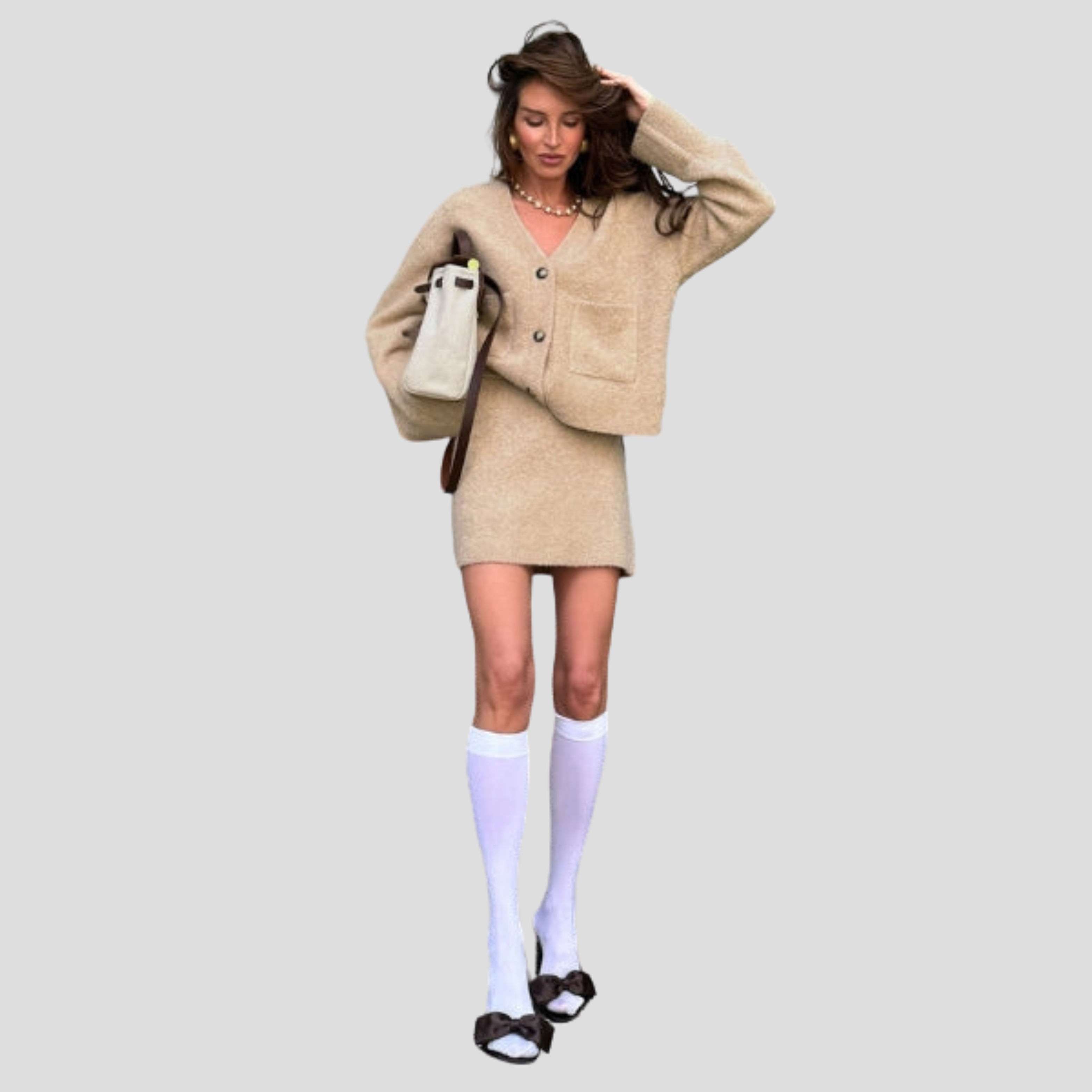 Women Cardigan Skirt Set | V-Neck Upper Form & Coordinated Mini Skirt Alignment for Daily Wear
