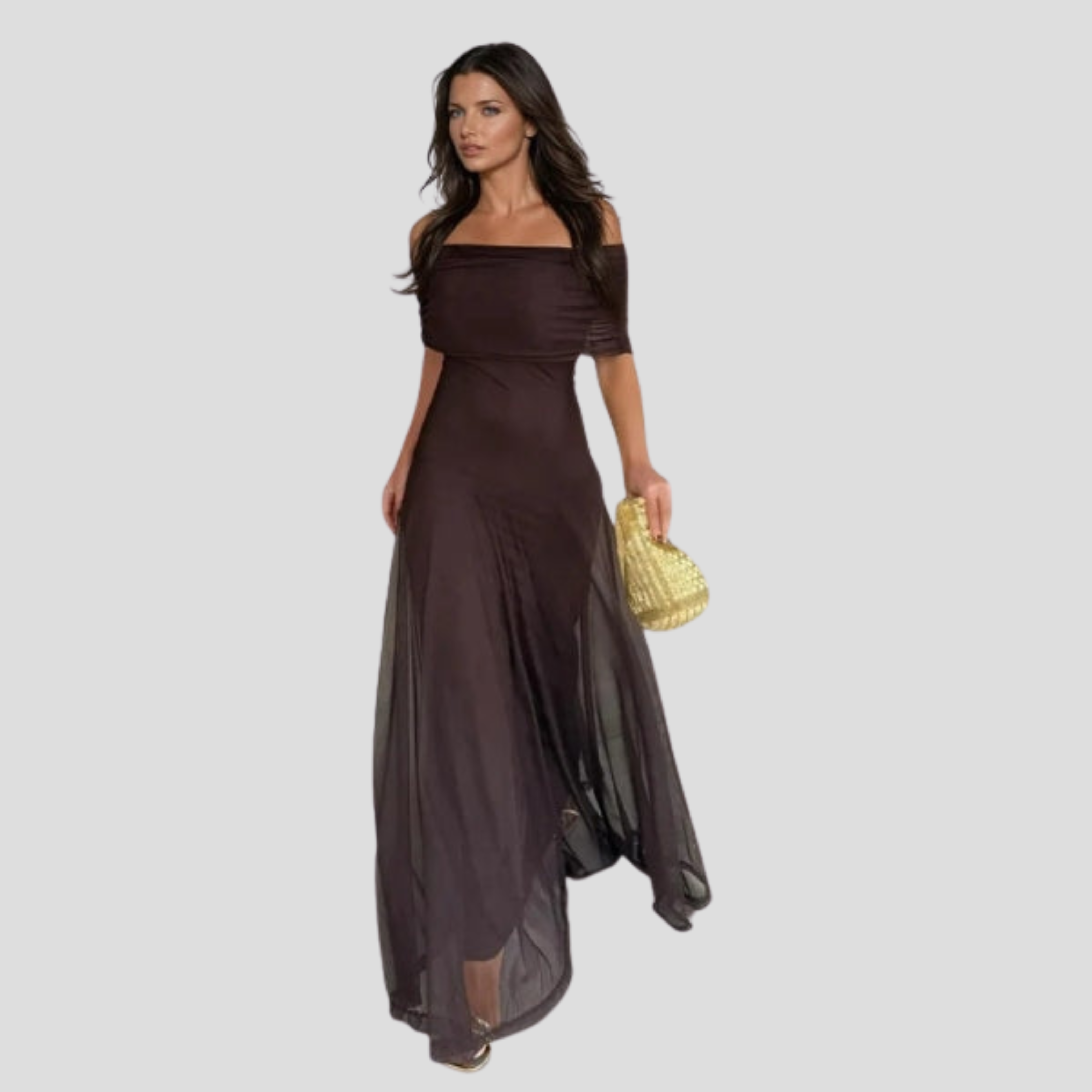 Women Maxi Dress | Off-Shoulder Neckline & Sheer Overlay Silhouette for Evening Wear