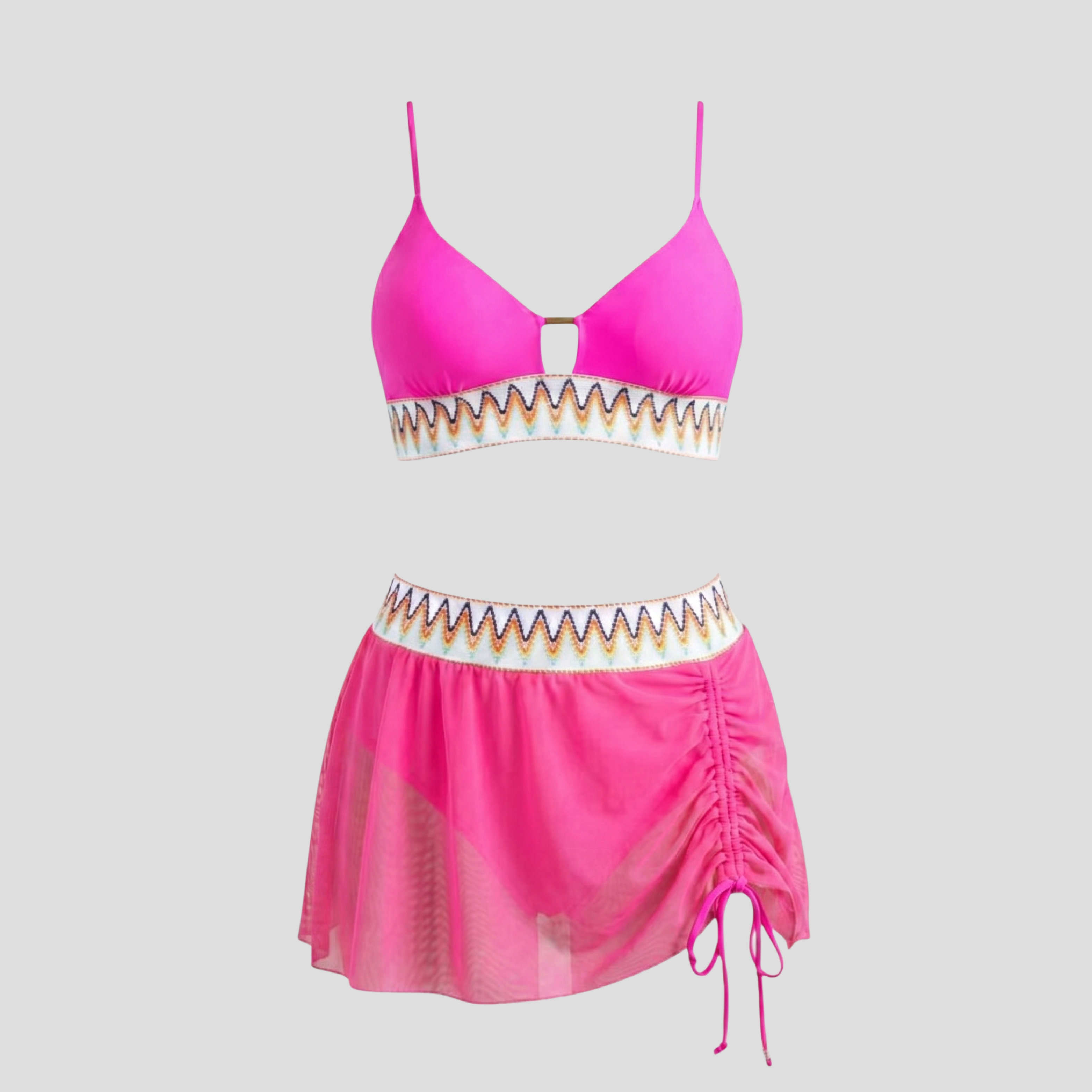 Women Three-Piece Swimwear Set | Embroidered Waistband Form & Tulle Skirt Alignment for Resort Wear