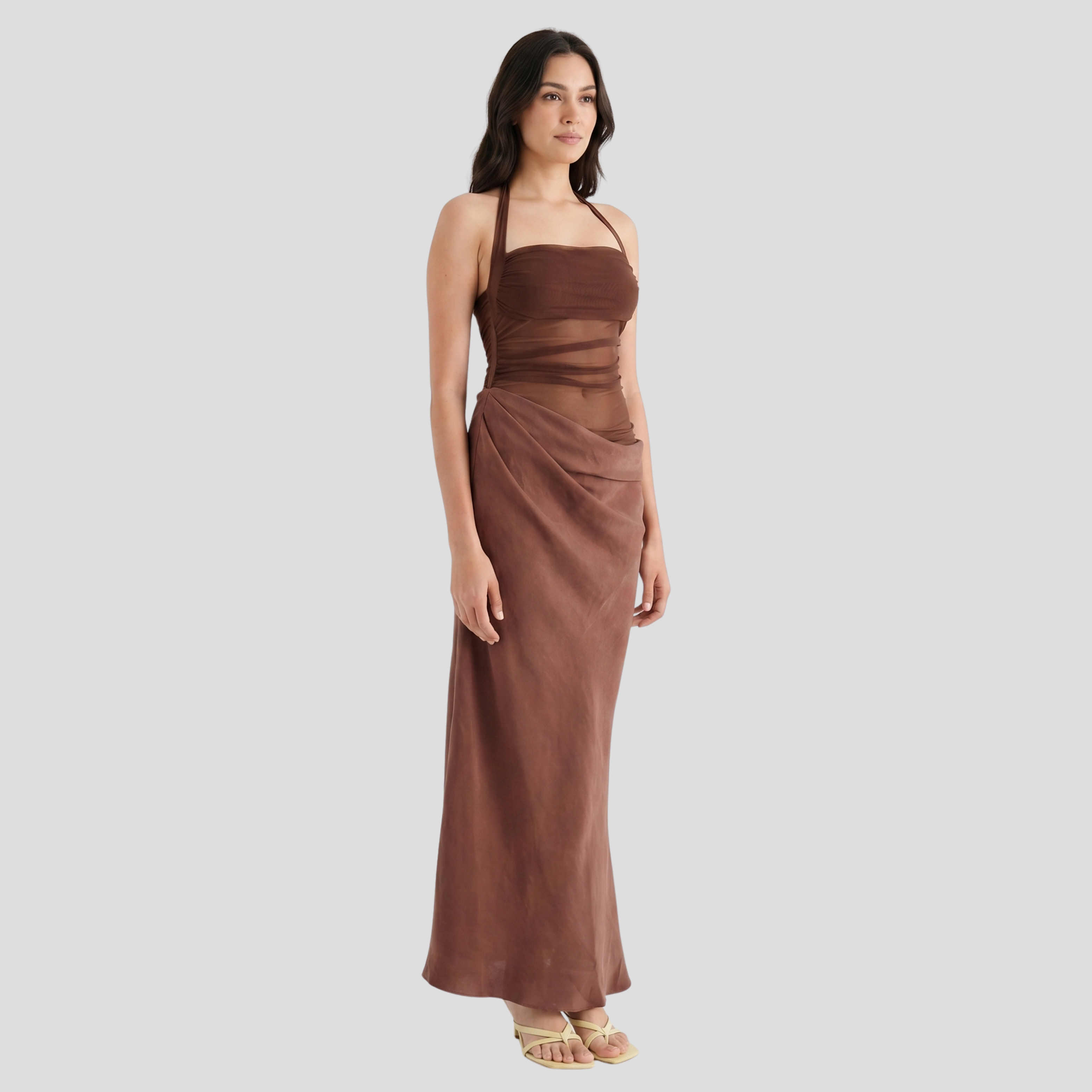 Women Maxi Dress | Sheer Panel Form & Draped Skirt Alignment for Occasion Wear