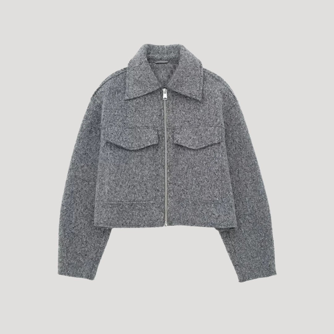 Women's cropped zip-up jacket with textured finish in grey, white and navy blue