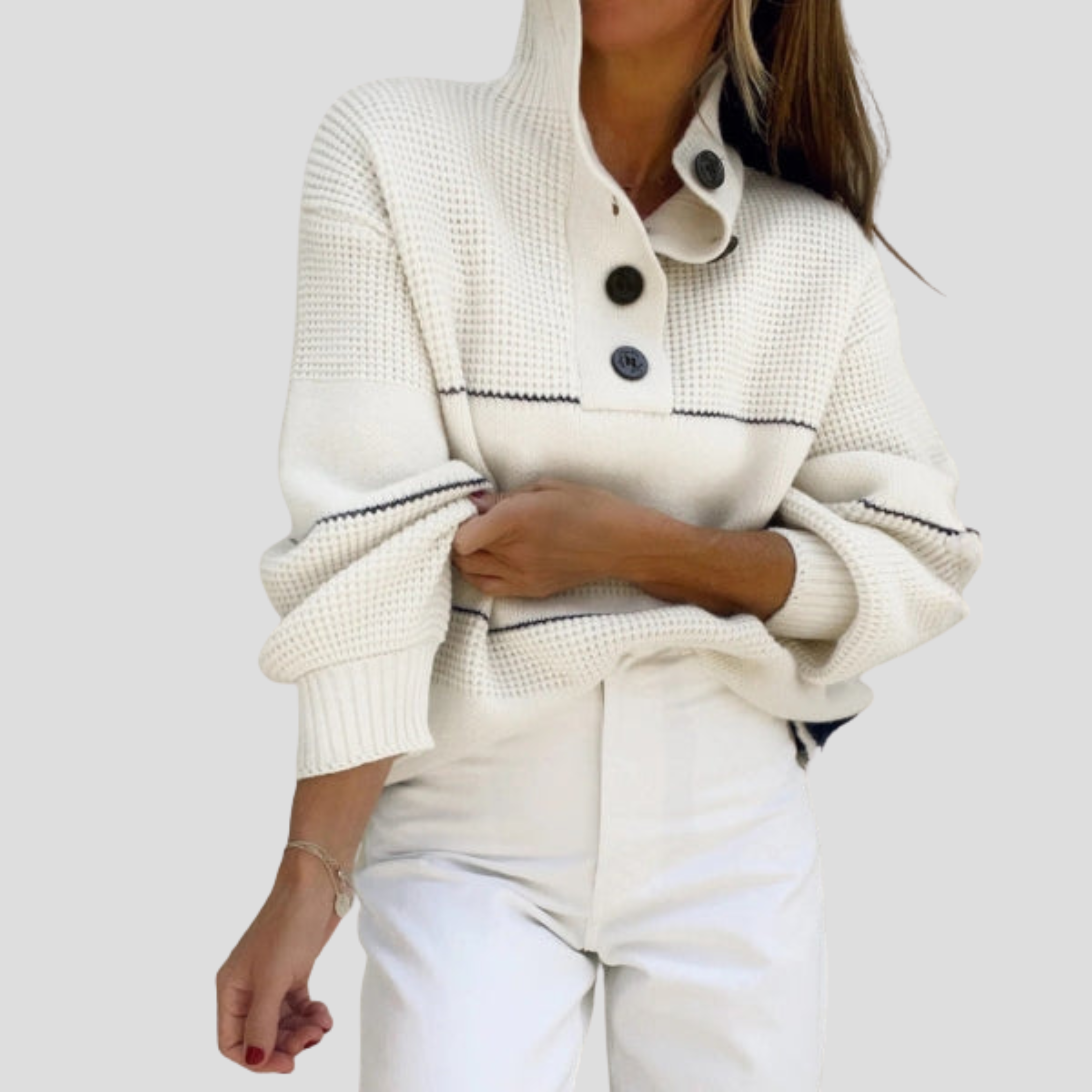Women Sweater | Button Neck Detail & Textured Knit Silhouette for Daily Wear