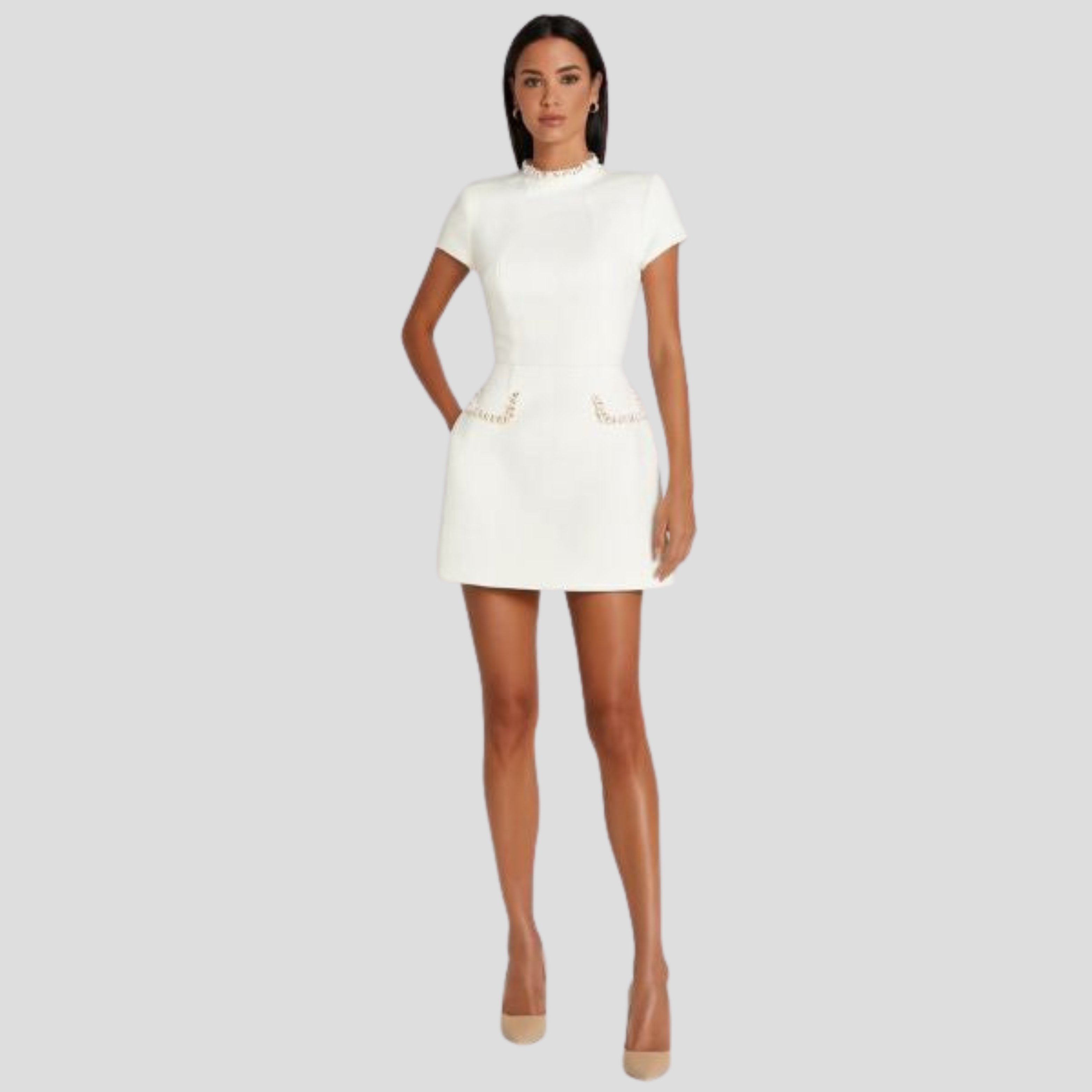 Women Mini Dress | Mock Neck Detail & Pearl-Trim Structured Silhouette for Evening Wear
