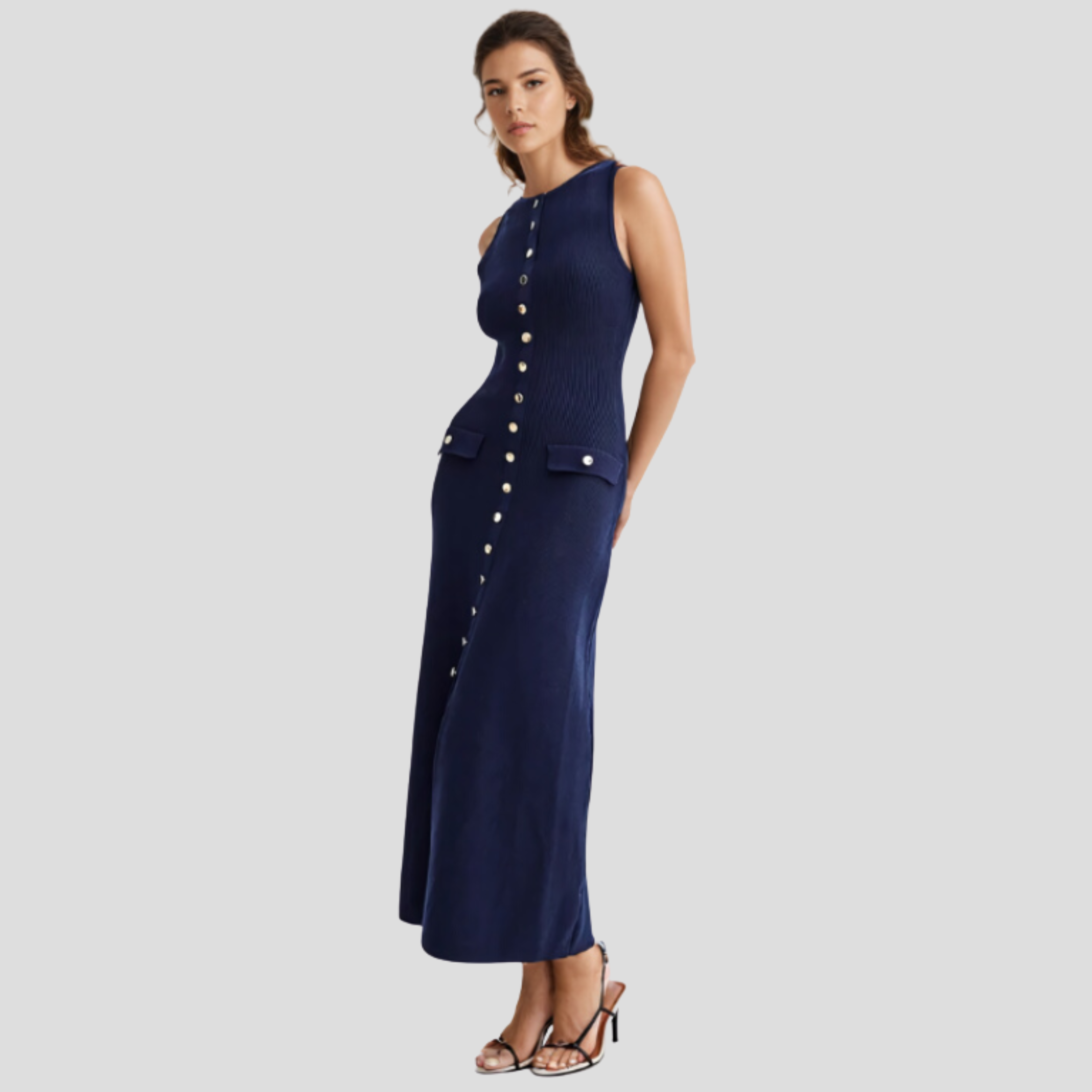 Women Midi Dress | Sleeveless Silhouette & Button-Front Detail for Daily Wear