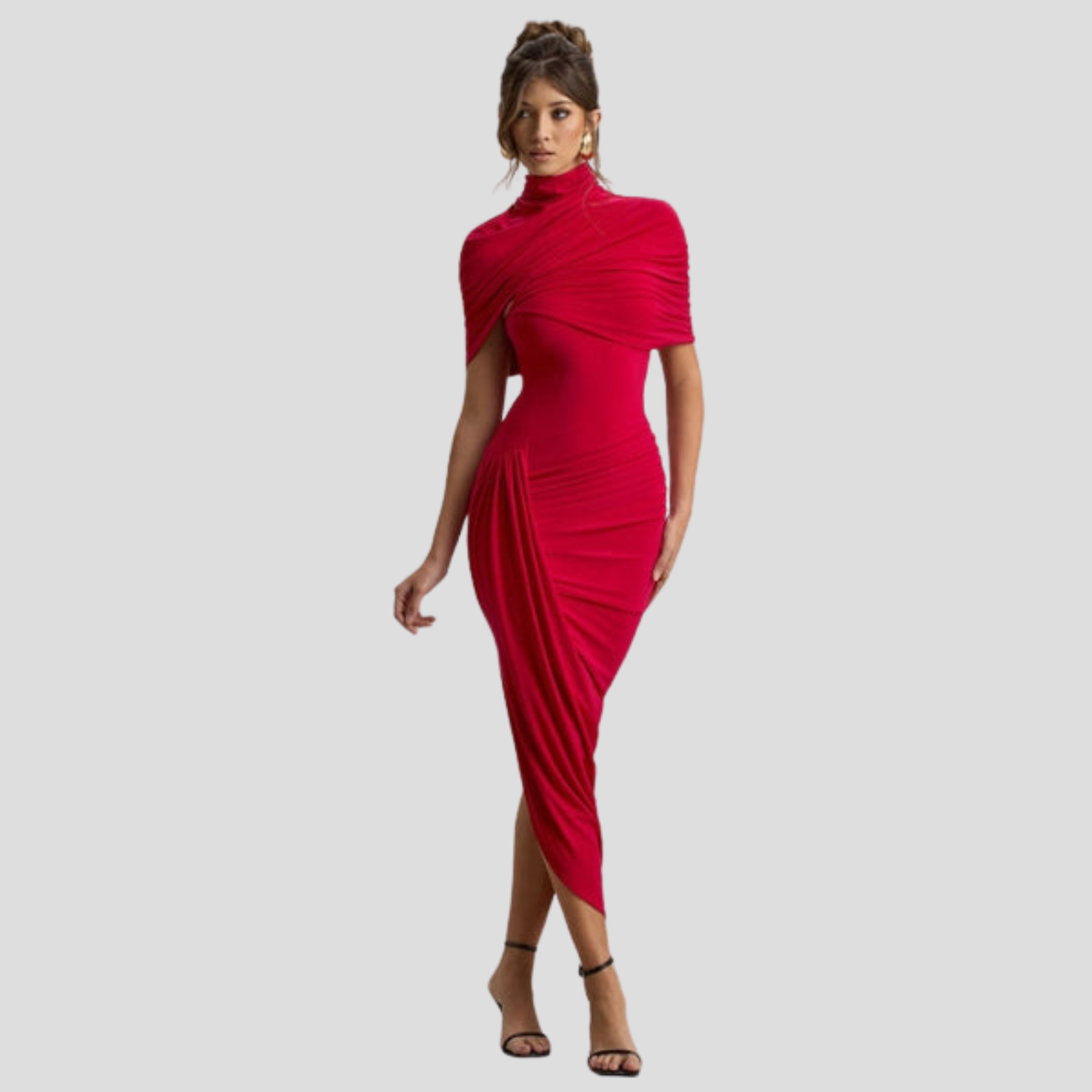 Women Maxi Dress | High Neck Cape Overlay & Asymmetrical Hem Silhouette for Evening Wear