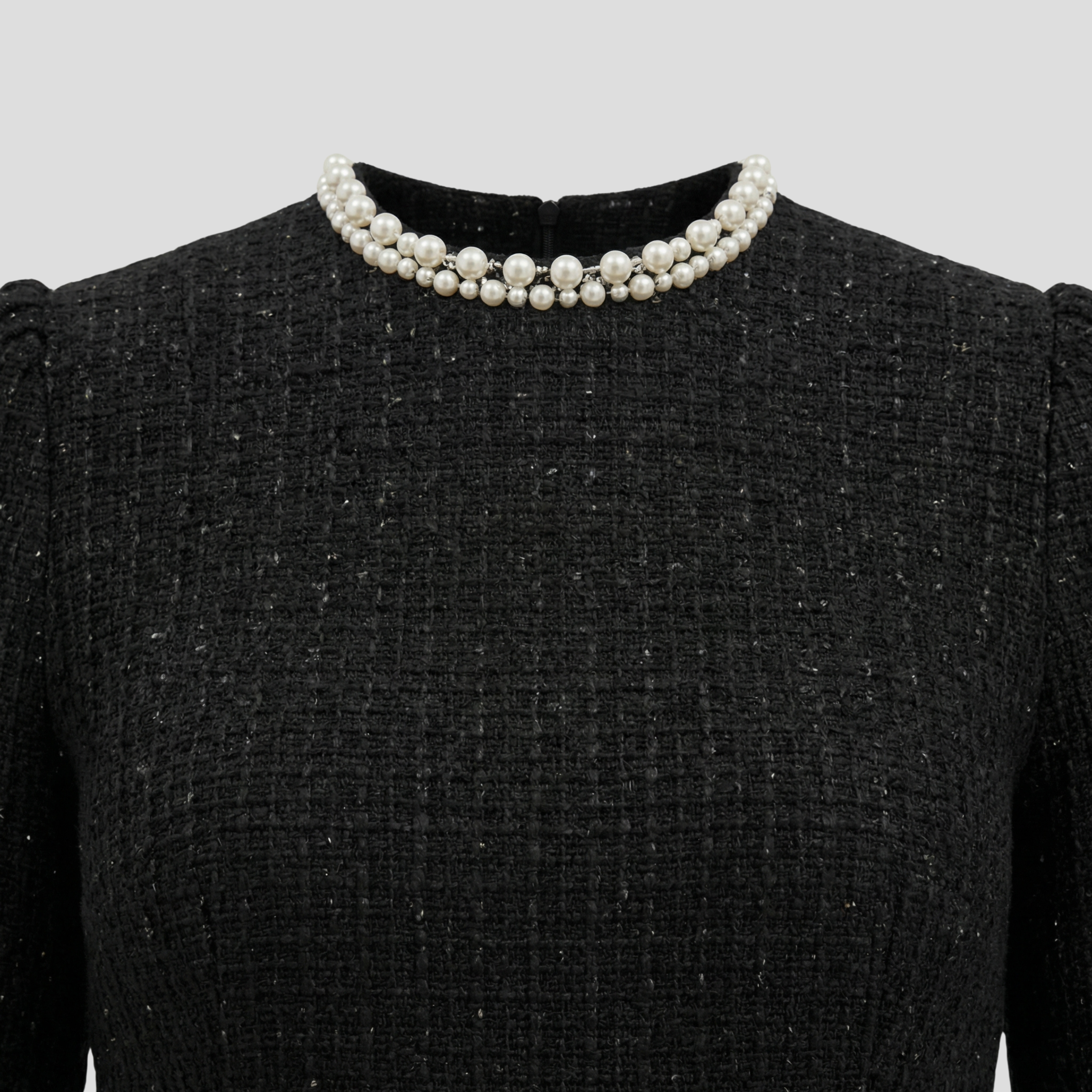 Women Mini Dress | Mock Neck Detail & Pearl-Trim Structured Silhouette for Evening Wear