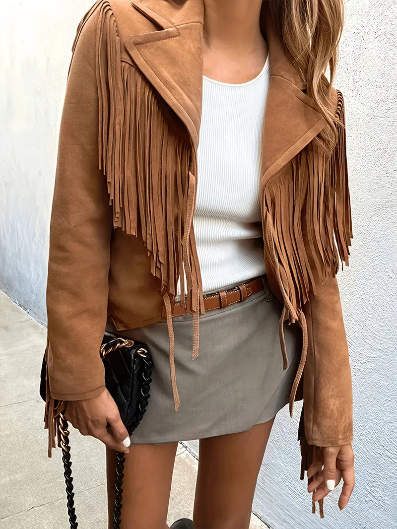 Women's brown faux suede fringe jacket with Western-inspired styling