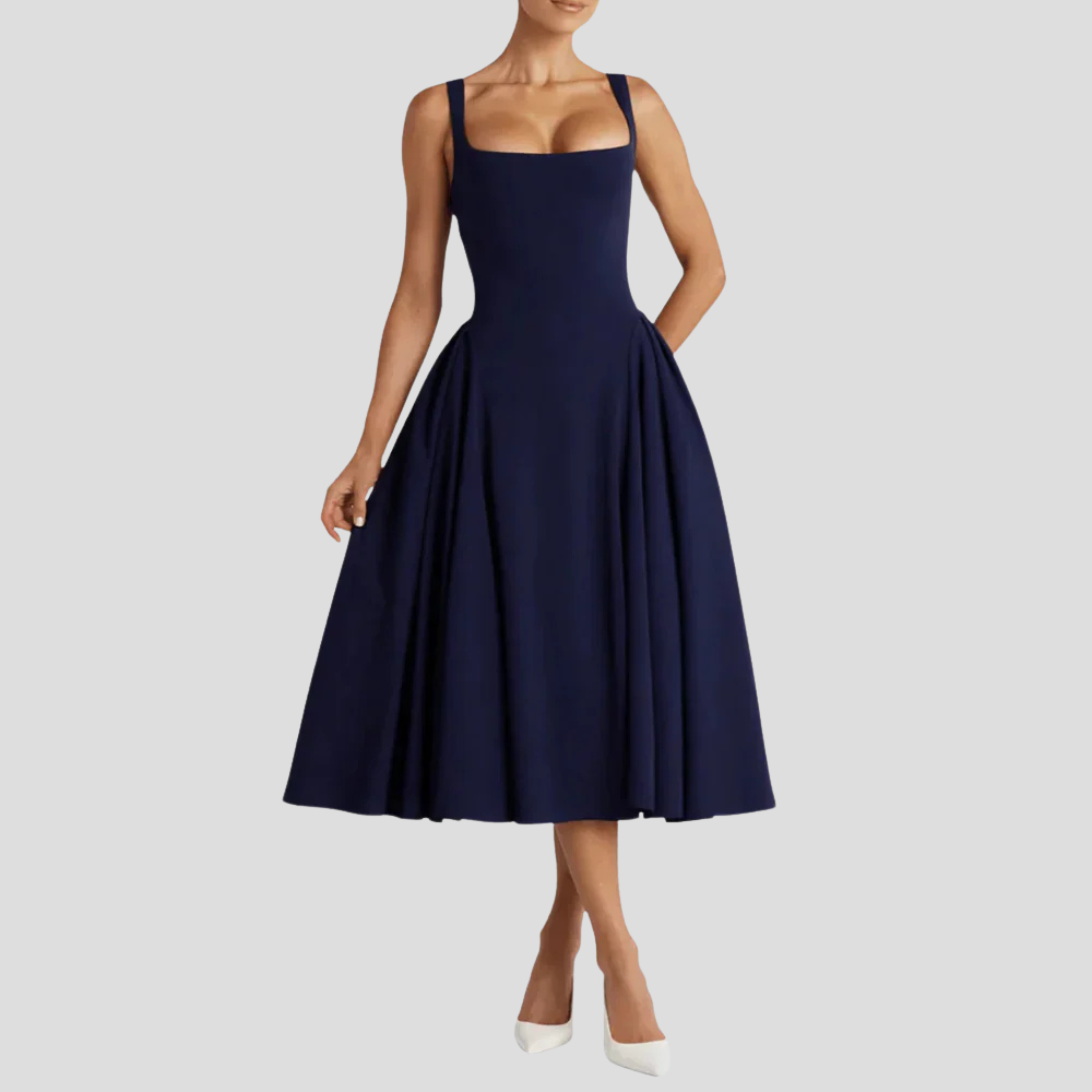 Women Midi Dress | Structured Waist Detail & Vertical Pleat Silhouette for Day Wear