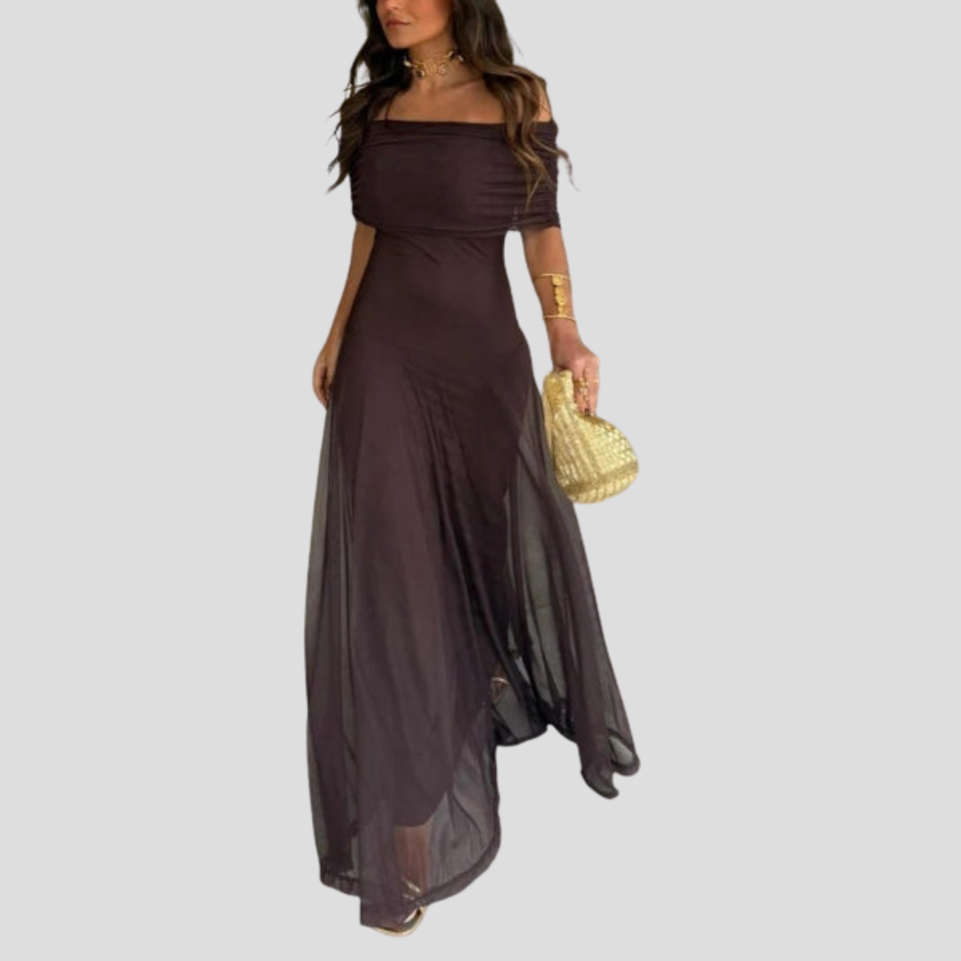 Women Maxi Dress | Off-Shoulder Neckline & Sheer Overlay Silhouette for Evening Wear