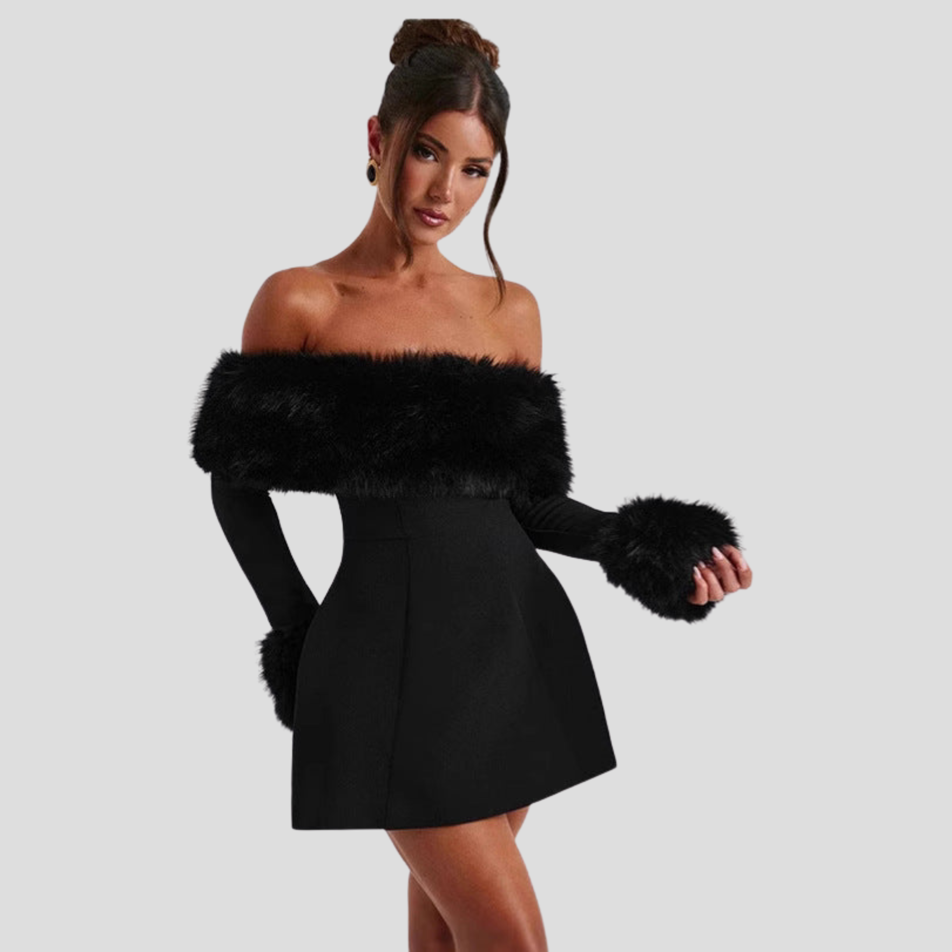 Women Mini Dress | Off-Shoulder Trim Detail & Flared Hem Silhouette for Evening Wear