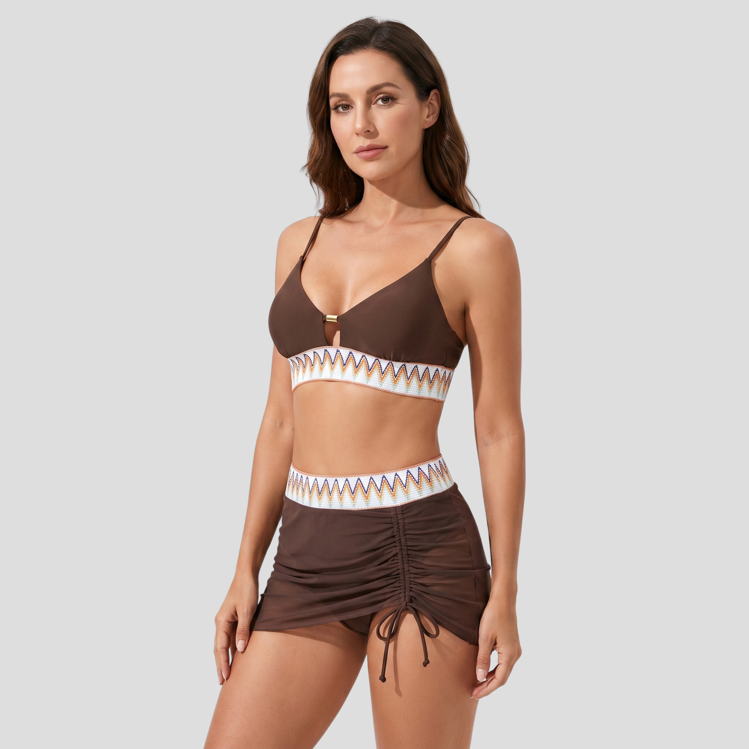 Women Three-Piece Swimwear Set | Embroidered Waistband Form & Tulle Skirt Alignment for Resort Wear