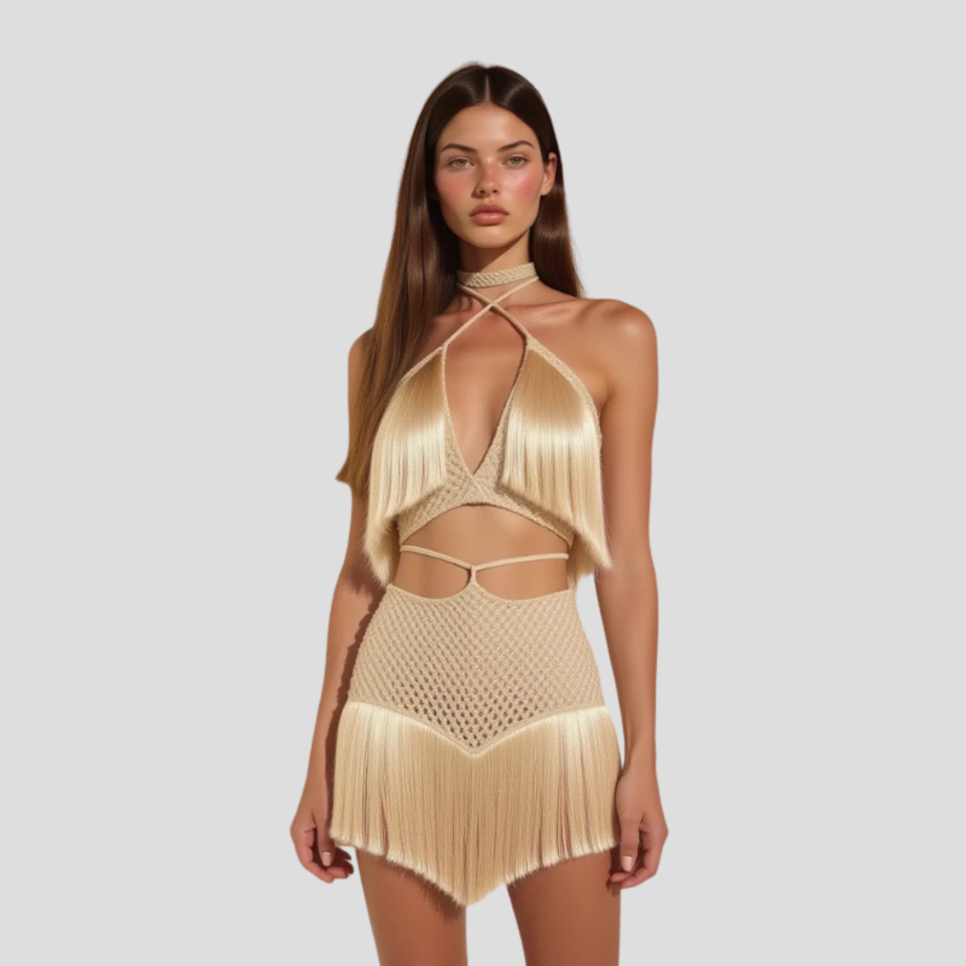 Women Two-Piece Set | Crochet Upper Form & Cascading Fringe Alignment for Occasion Wear