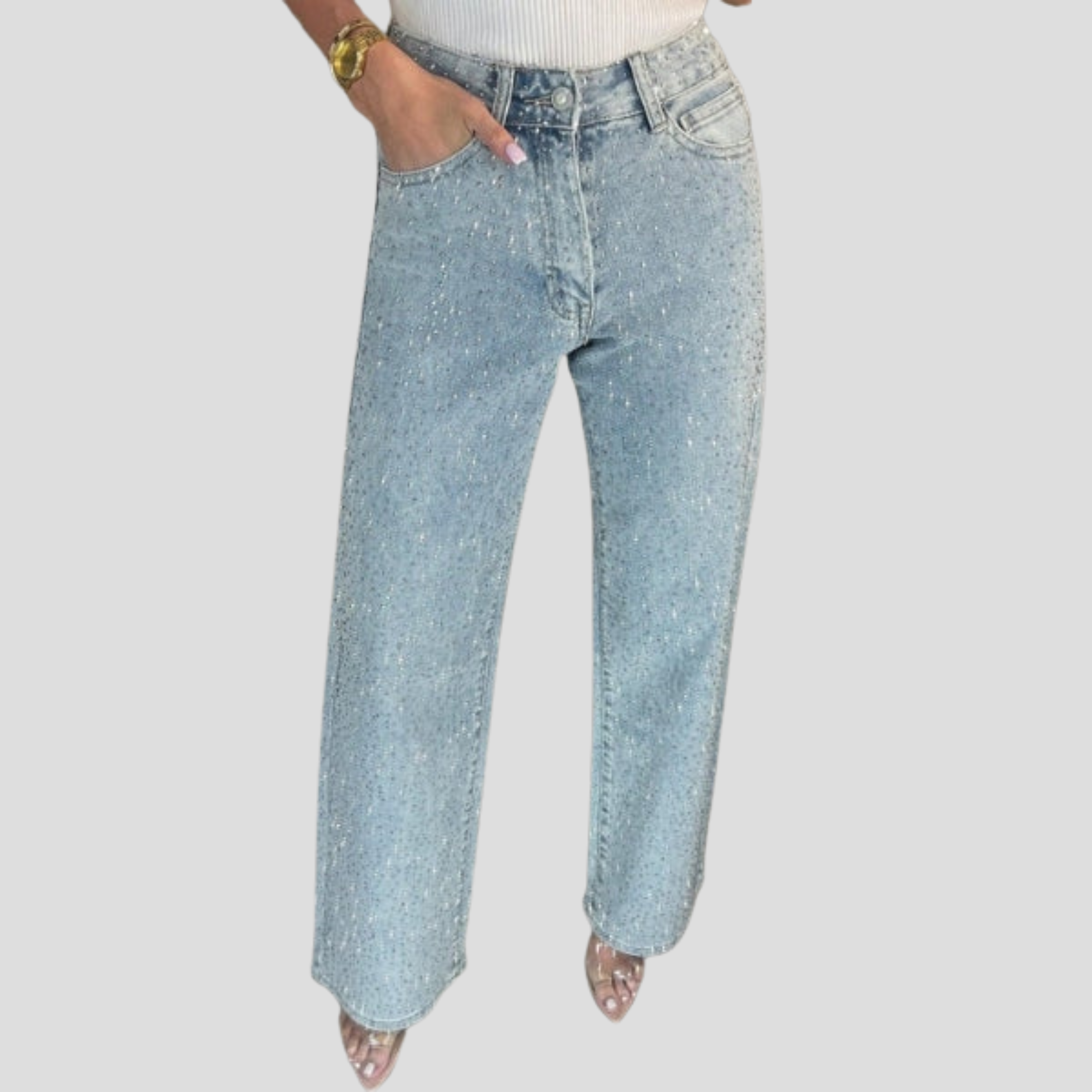 Women Straight Jeans | High-Waist Design & Diamante Embellished Silhouette for Evening Wear