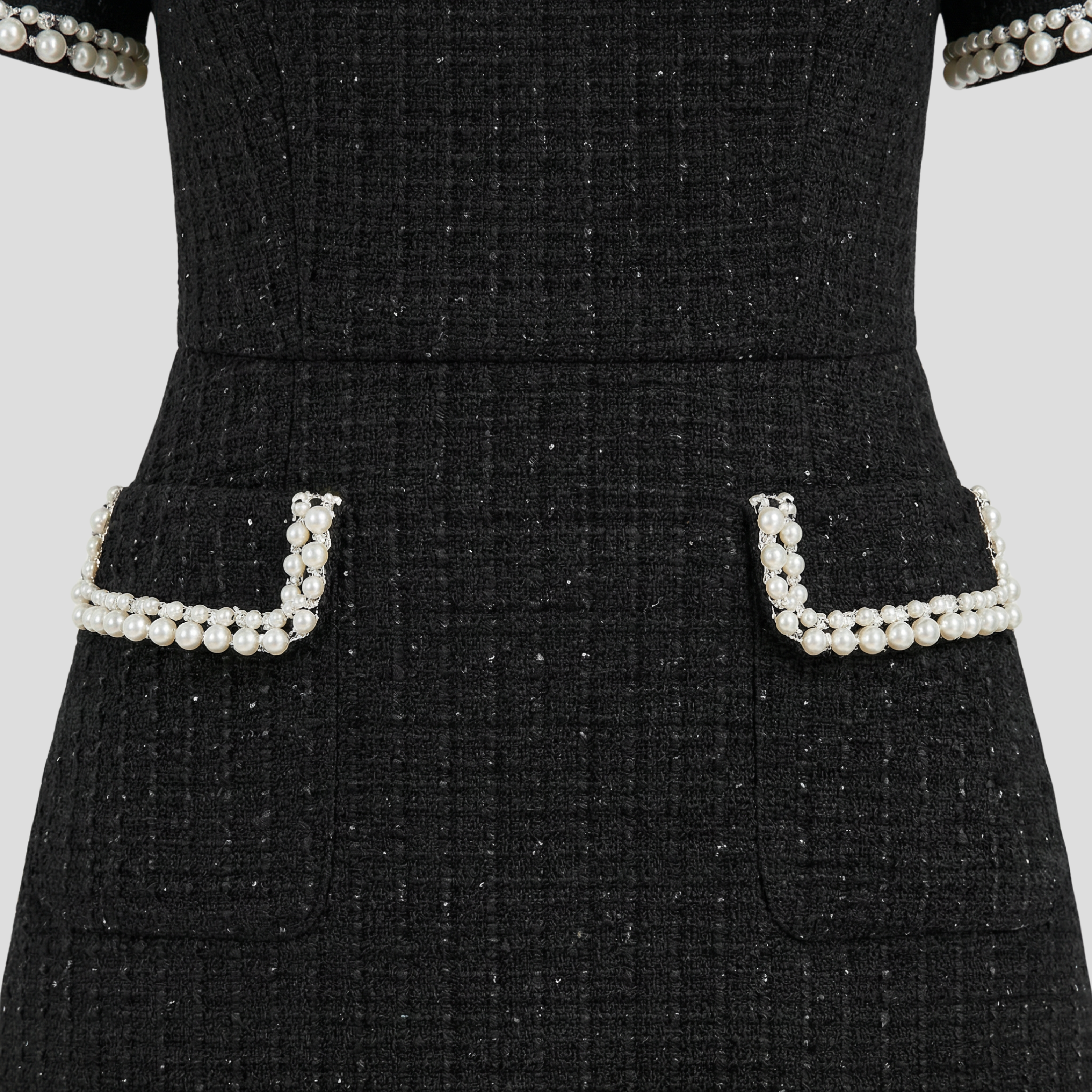 Women Mini Dress | Mock Neck Detail & Pearl-Trim Structured Silhouette for Evening Wear