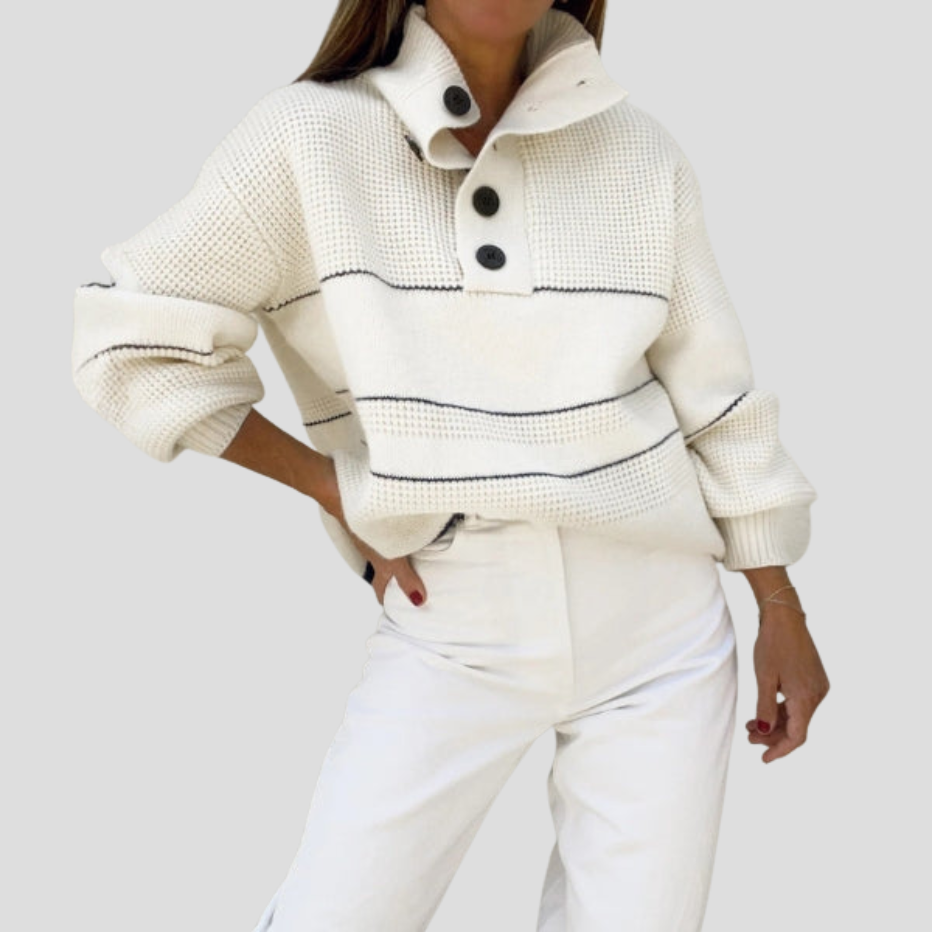 Women Sweater | Button Neck Detail & Textured Knit Silhouette for Daily Wear