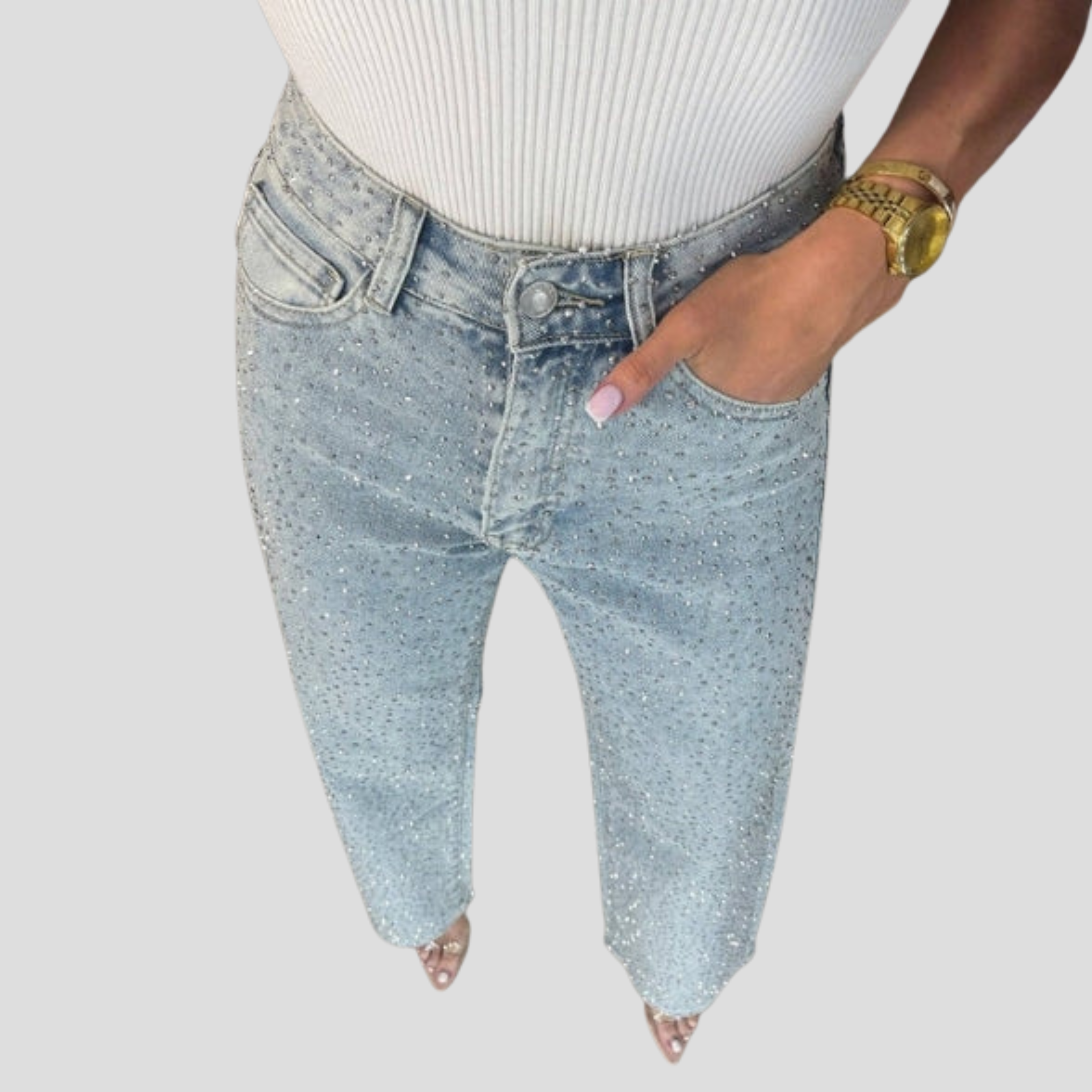 Women Straight Jeans | High-Waist Design & Diamante Embellished Silhouette for Evening Wear