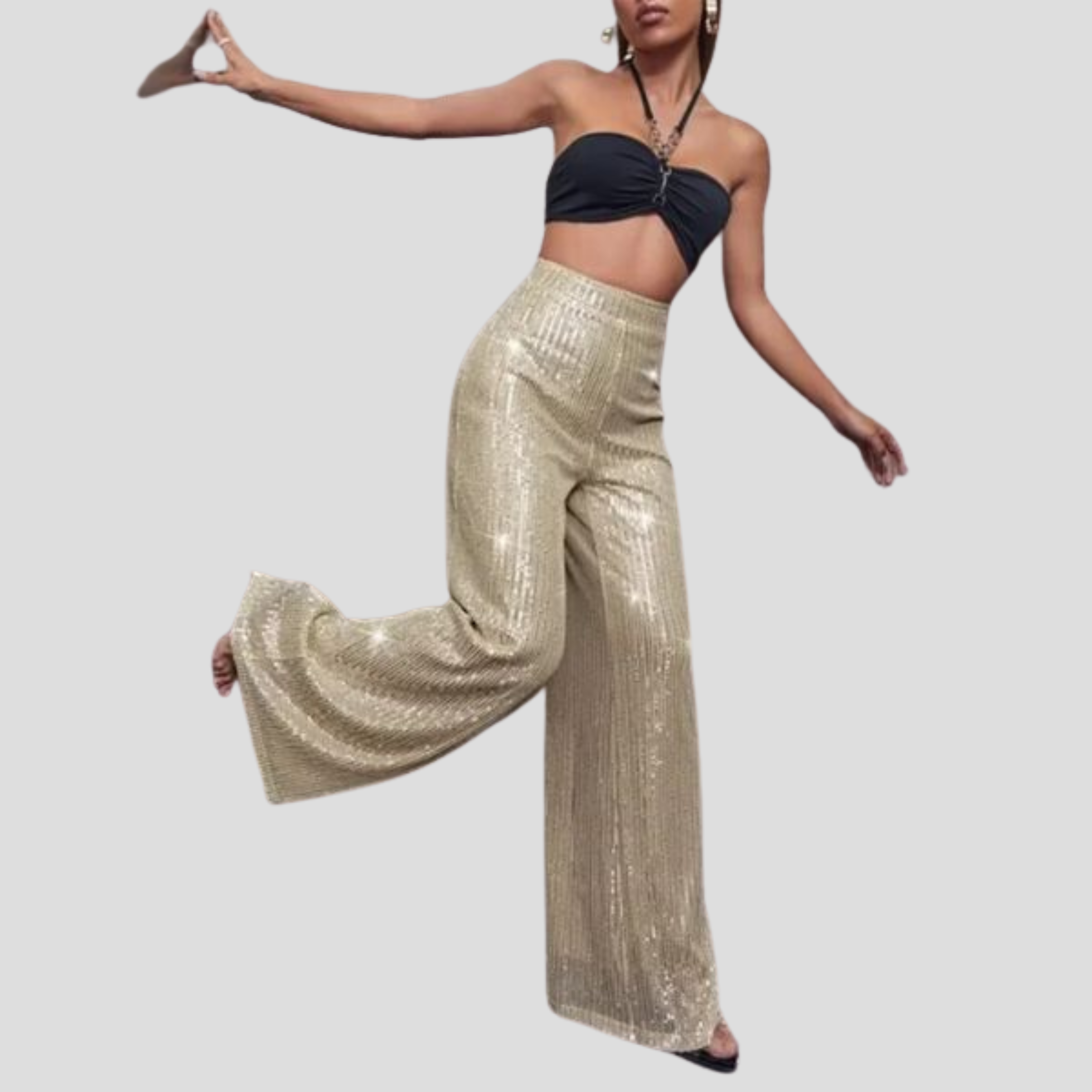 Women Pants | High-Waist Design & Wide-Leg Silhouette with Sequin Surface Detail