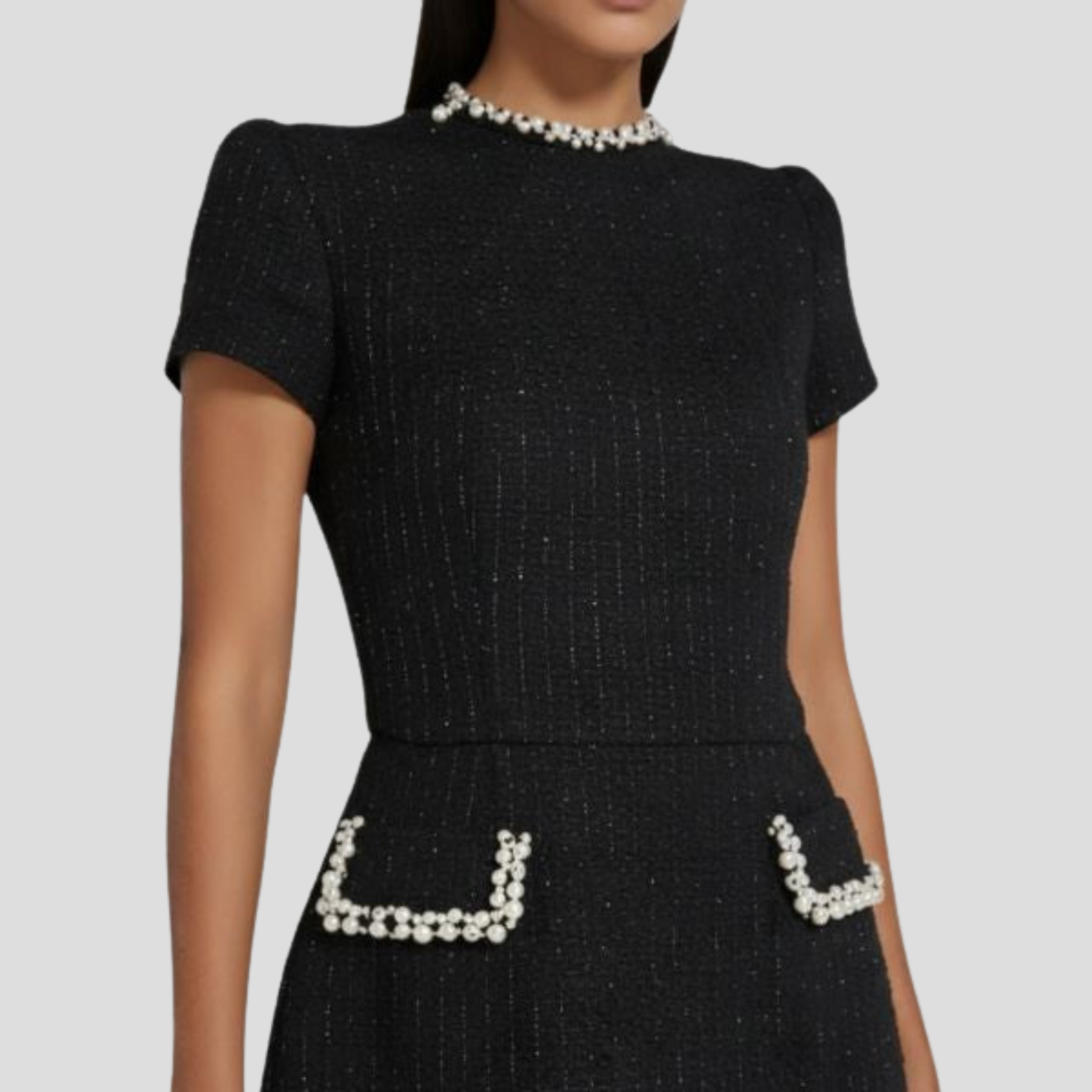 Women Mini Dress | Mock Neck Detail & Pearl-Trim Structured Silhouette for Evening Wear