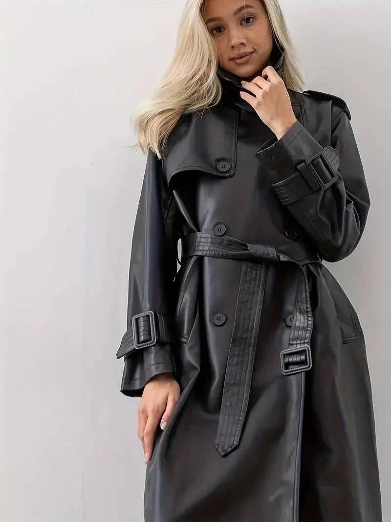 Women's long black faux leather belted trench coat, elongated statement silhouette