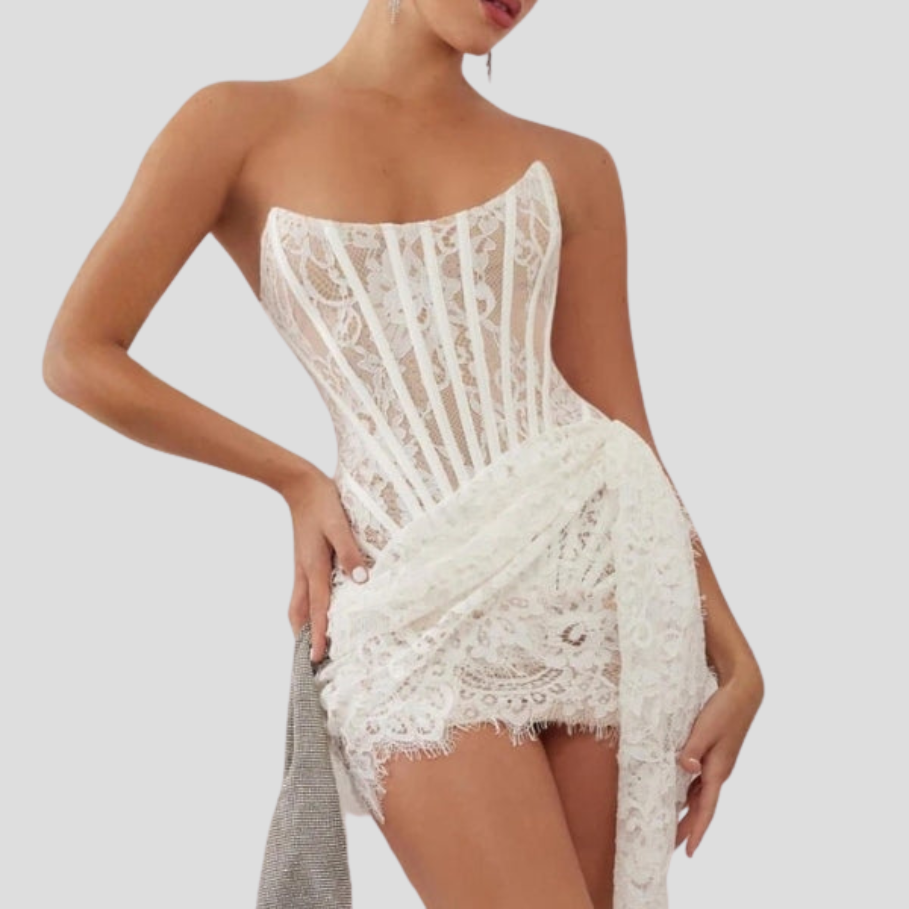 Women Corset Mini Dress | Strapless Boned Bodice & Asymmetrical Lace Detail for Evening Wear