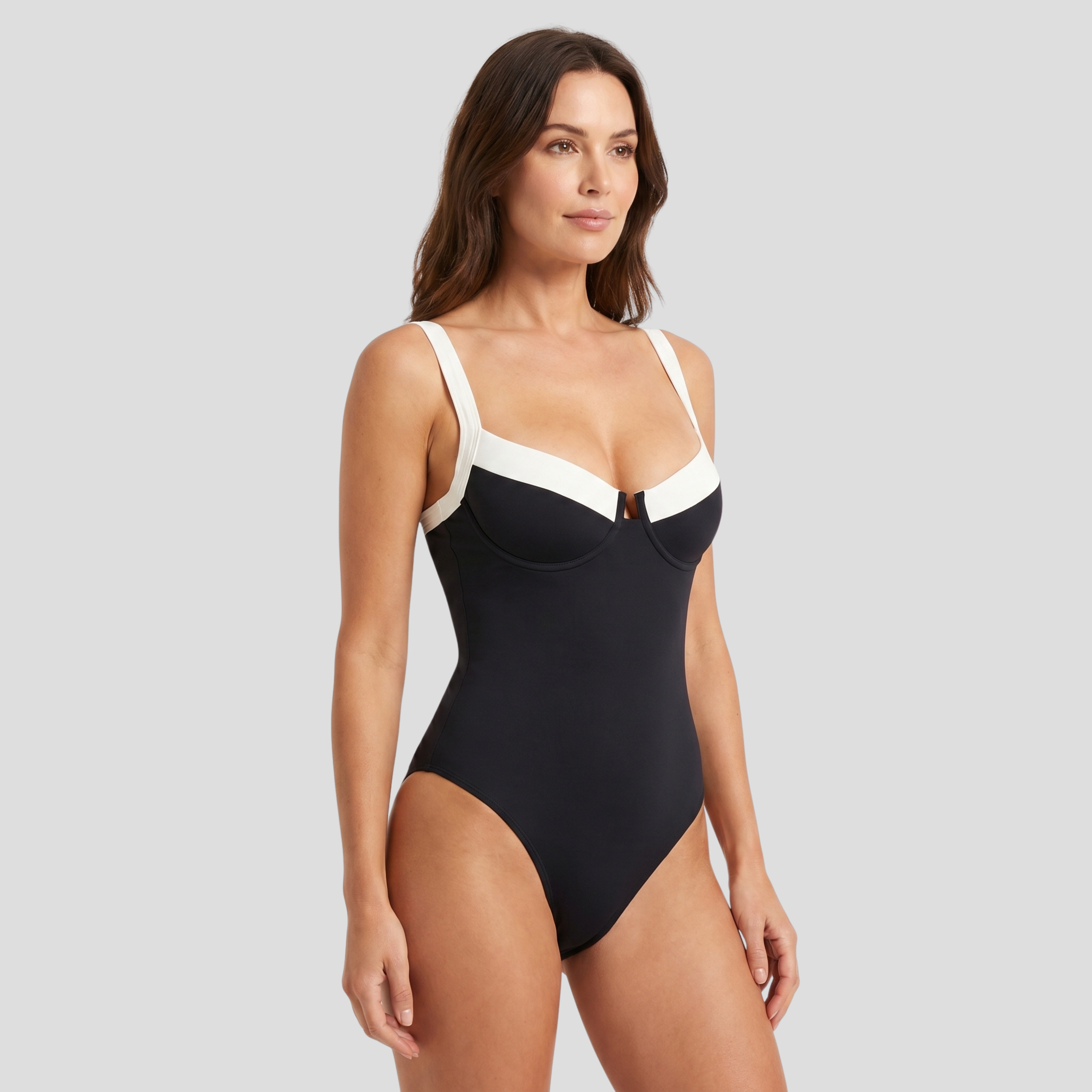 Women One-Piece Swimsuit | Contrast Trim Form & Sculpted Neckline Alignment for Swimwear