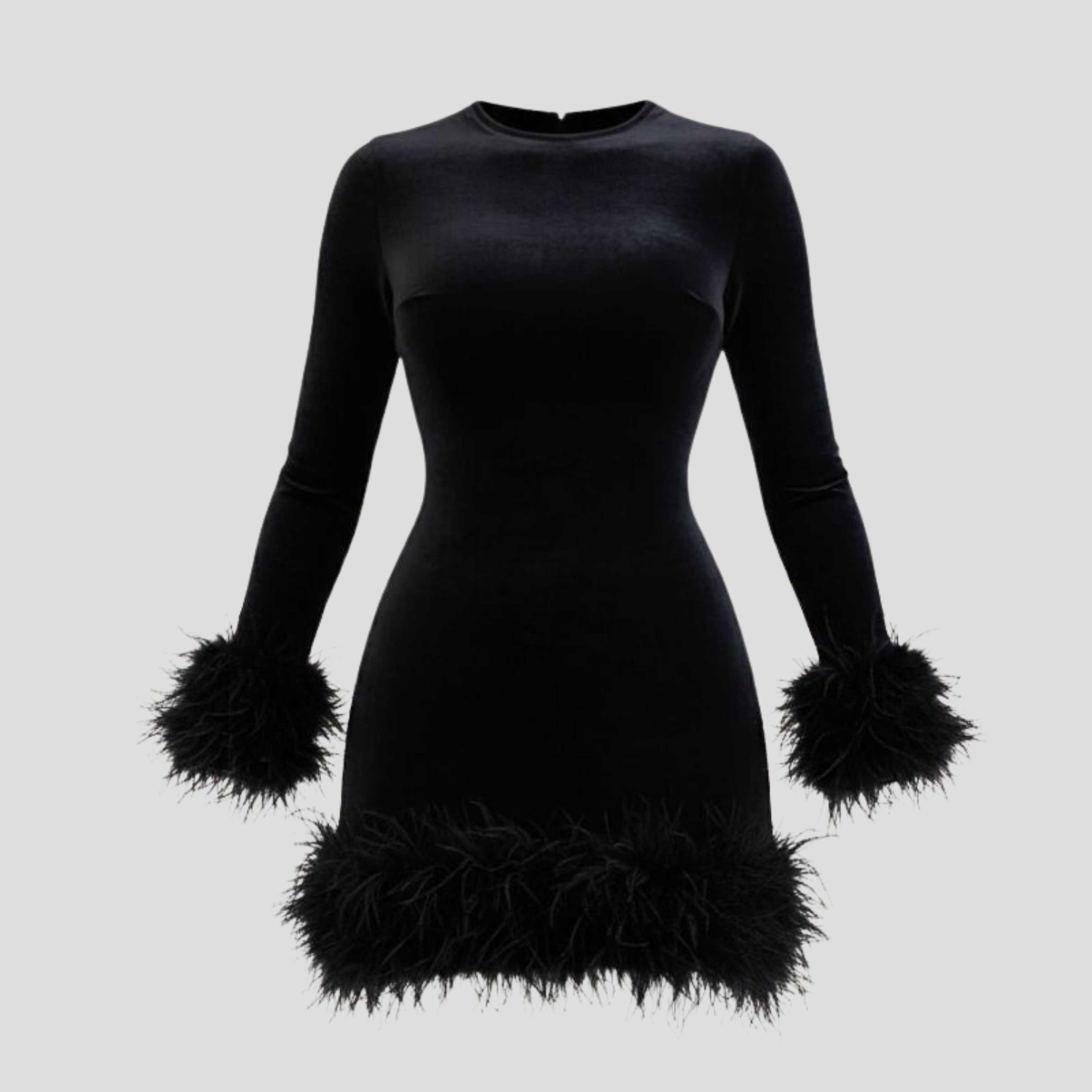 Women Mini Dress | Long Sleeve Silhouette & Feather-Trim Edge Detail for Evening Wear