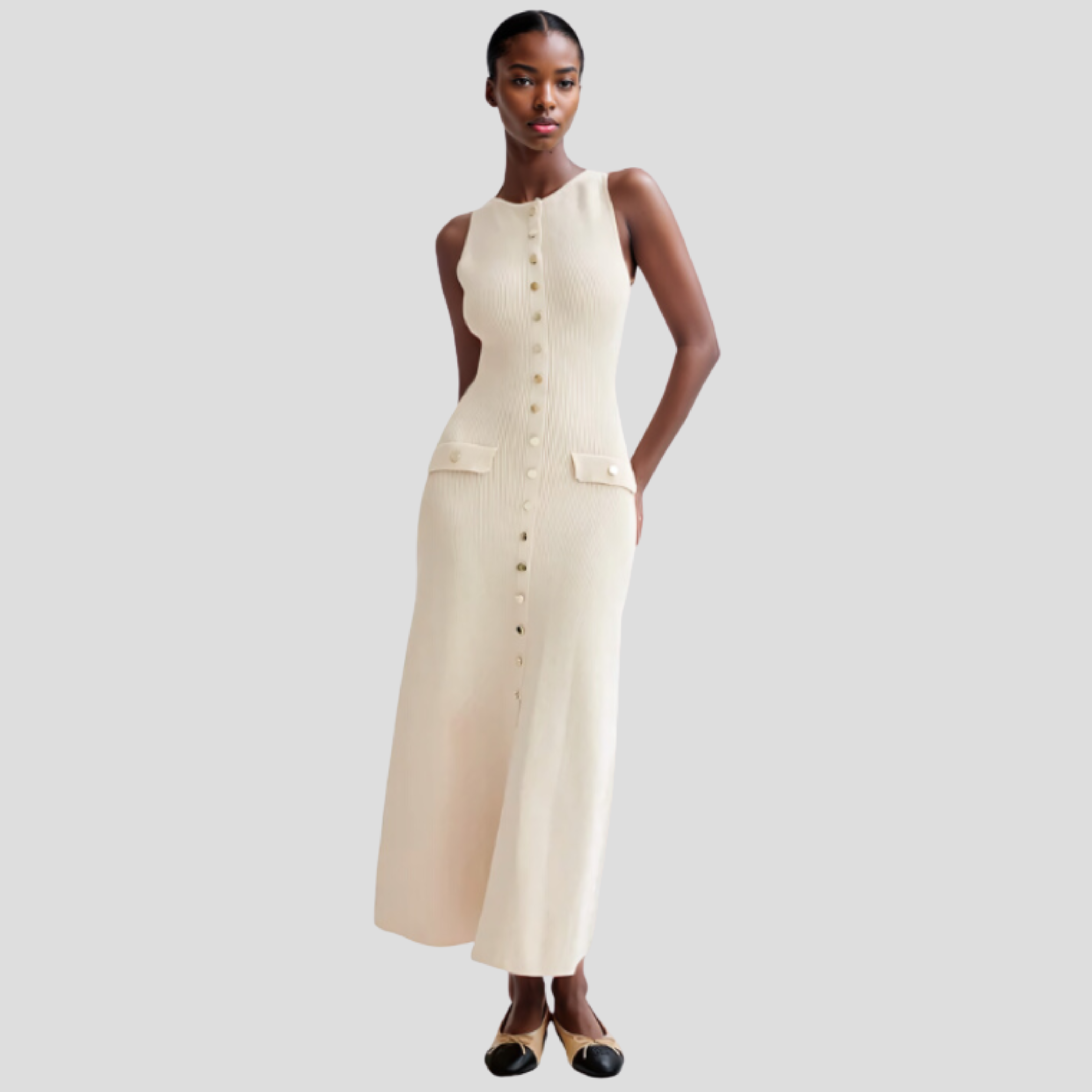 Women Midi Dress | Sleeveless Silhouette & Button-Front Detail for Daily Wear