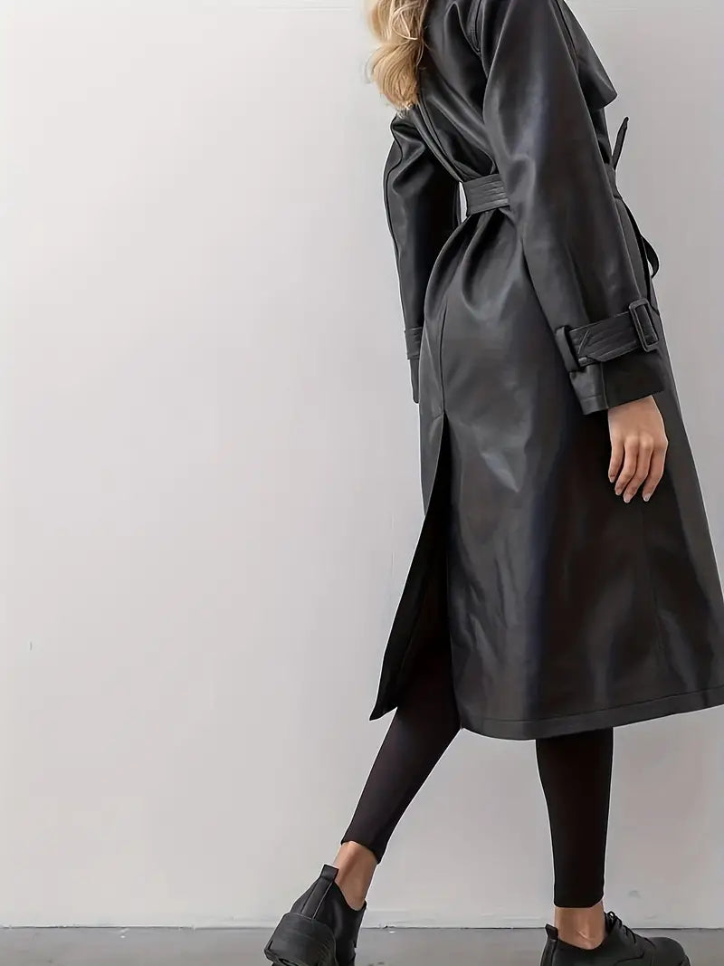 Women's long black faux leather belted trench coat, elongated statement silhouette