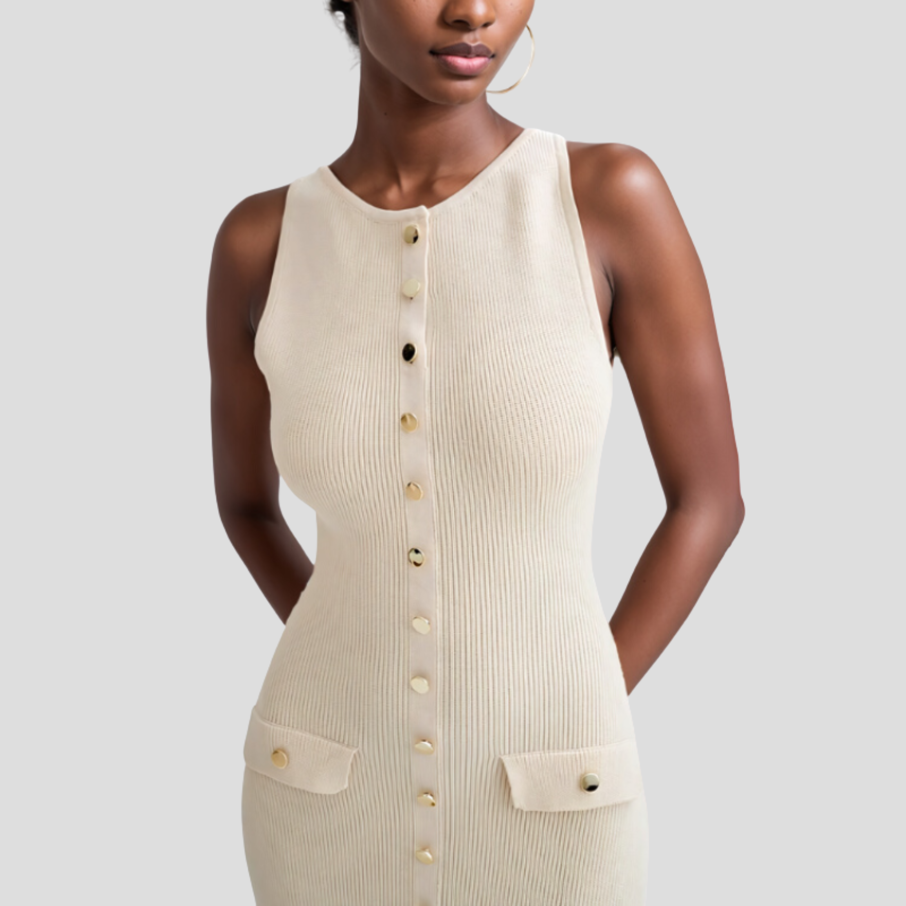 Women Midi Dress | Sleeveless Silhouette & Button-Front Detail for Daily Wear