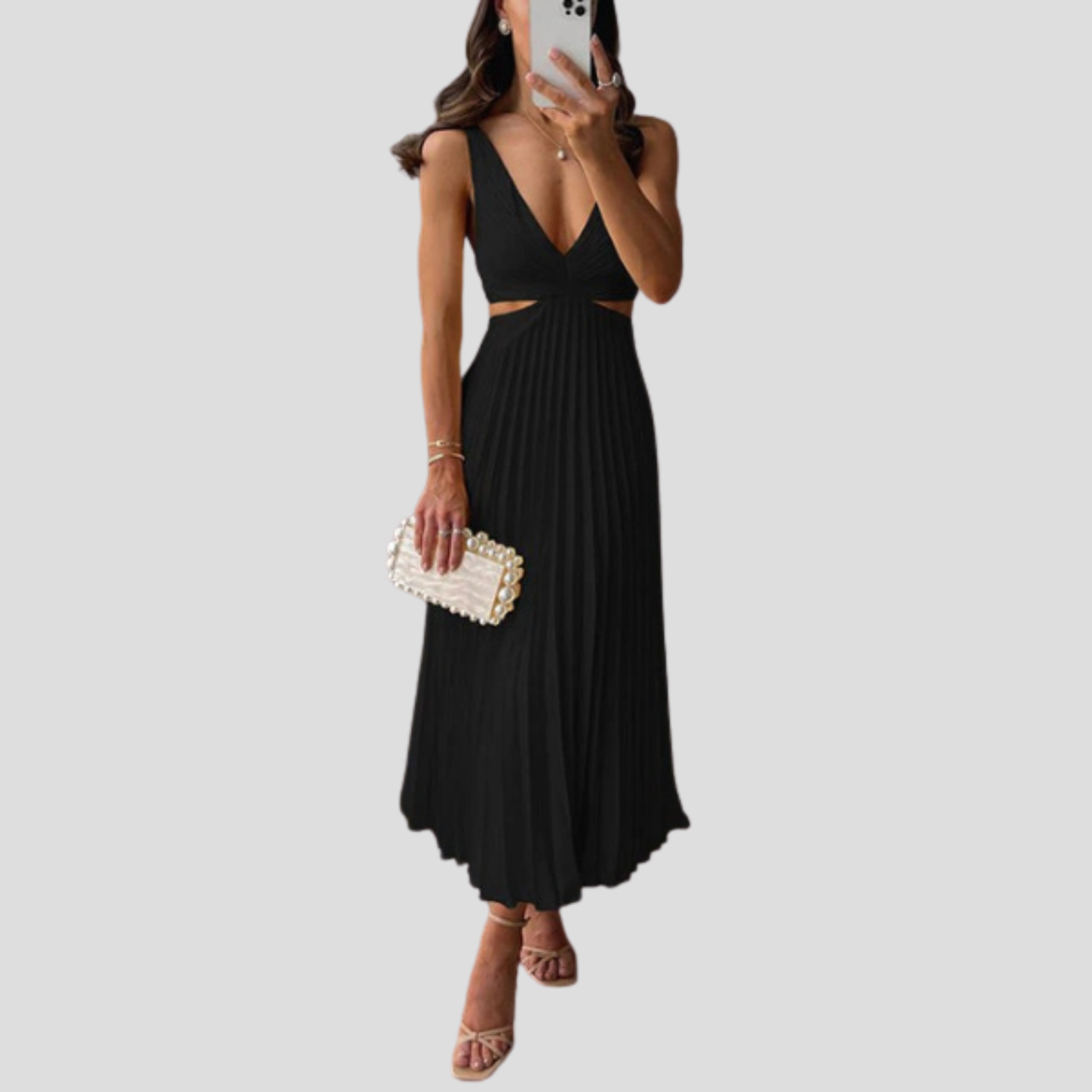 Women Midi Dress | V-Neckline Detail & Vertical Pleated Silhouette for Day Wear