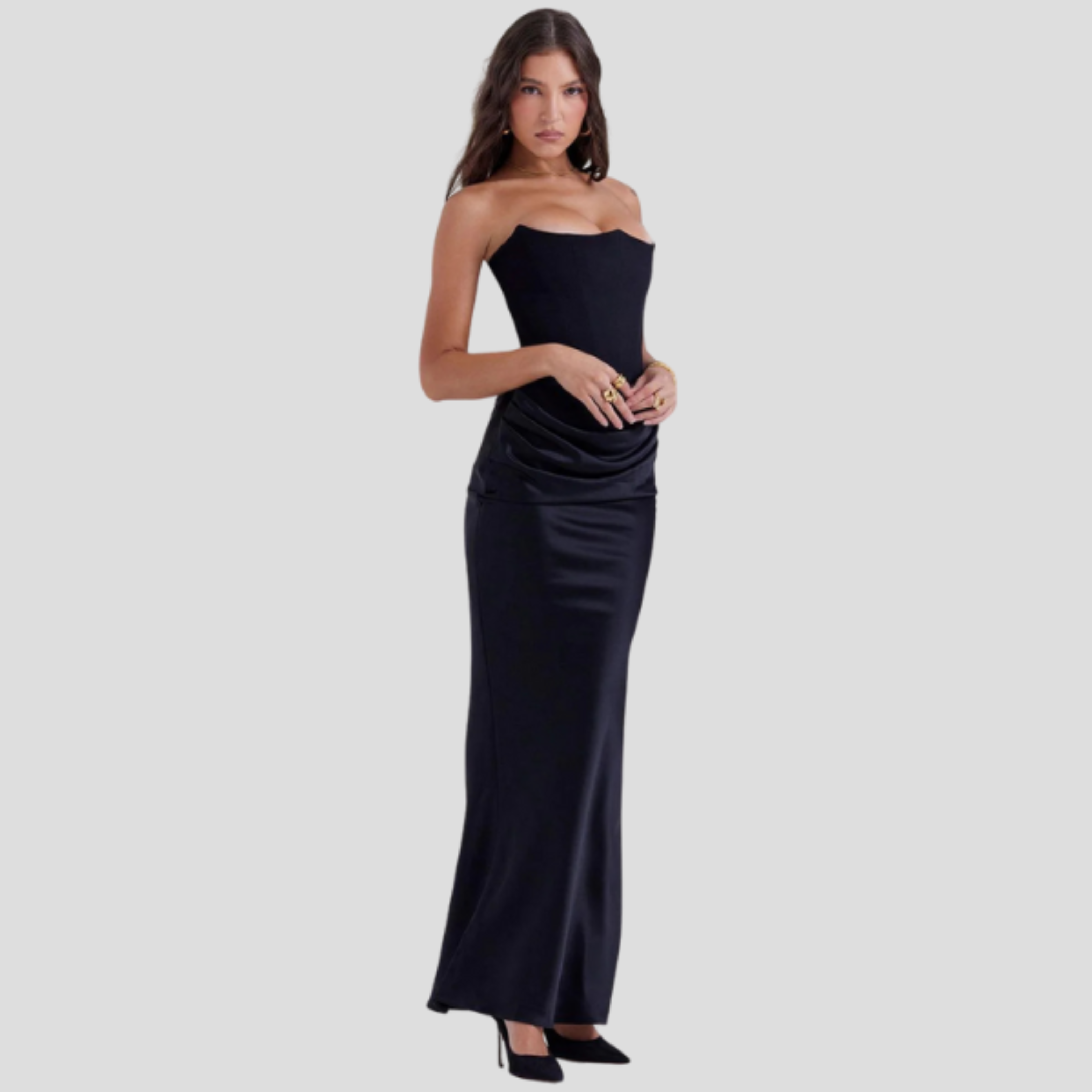 Women Maxi Dress | Strapless Corset Bodice & Draped Waist Silhouette for Evening Wear