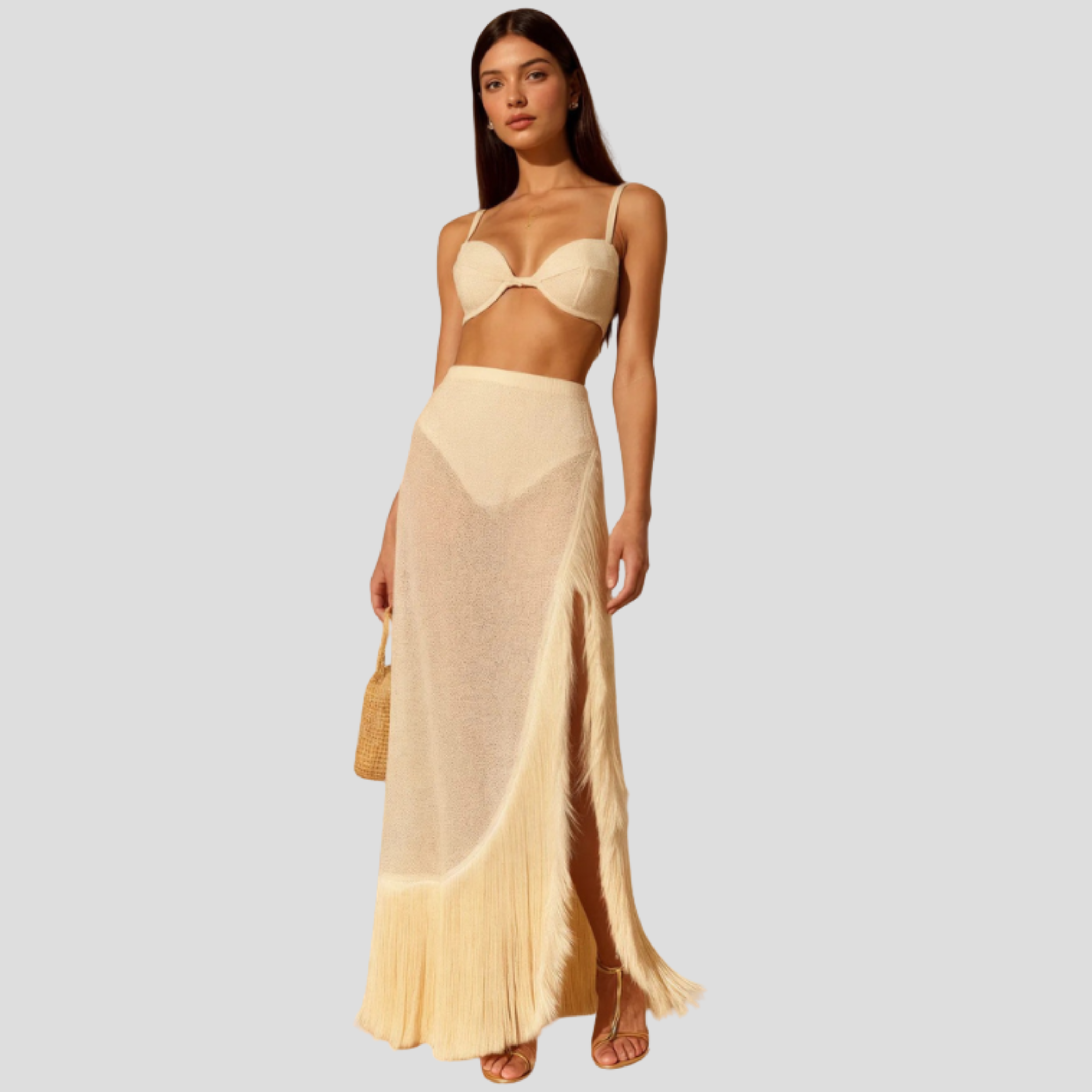 Women Two-Piece Set | Bralette Upper Form & Fringe Maxi Skirt Alignment for Occasion Wear