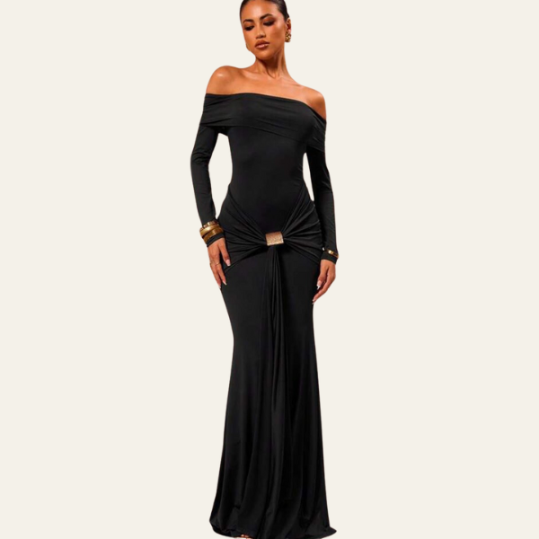 The Monaco Draped Off-Shoulder Evening Maxi Dress