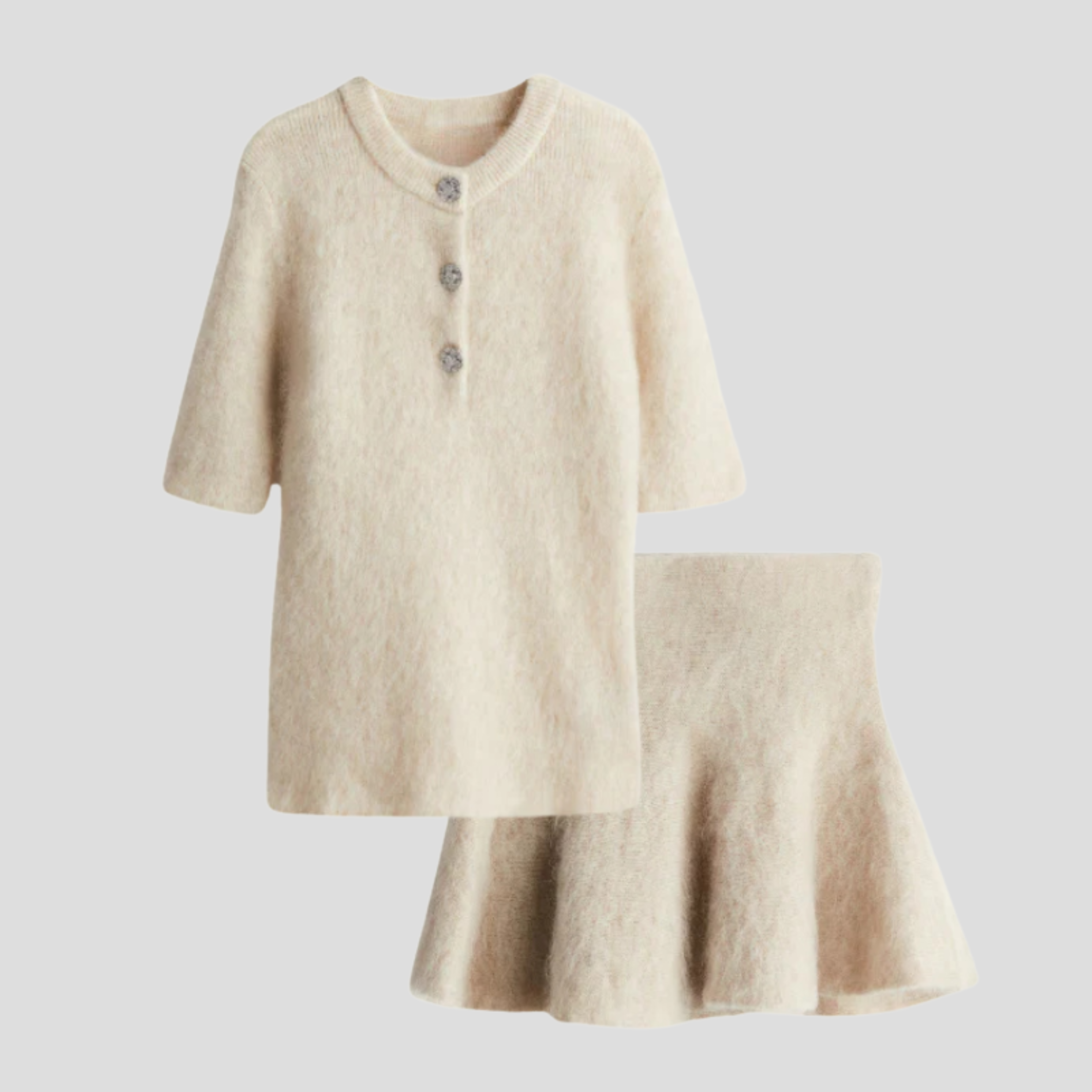 Women Knit Set | Jewel Button Upper Form & Flared Mini Skirt Alignment for Seasonal Wear