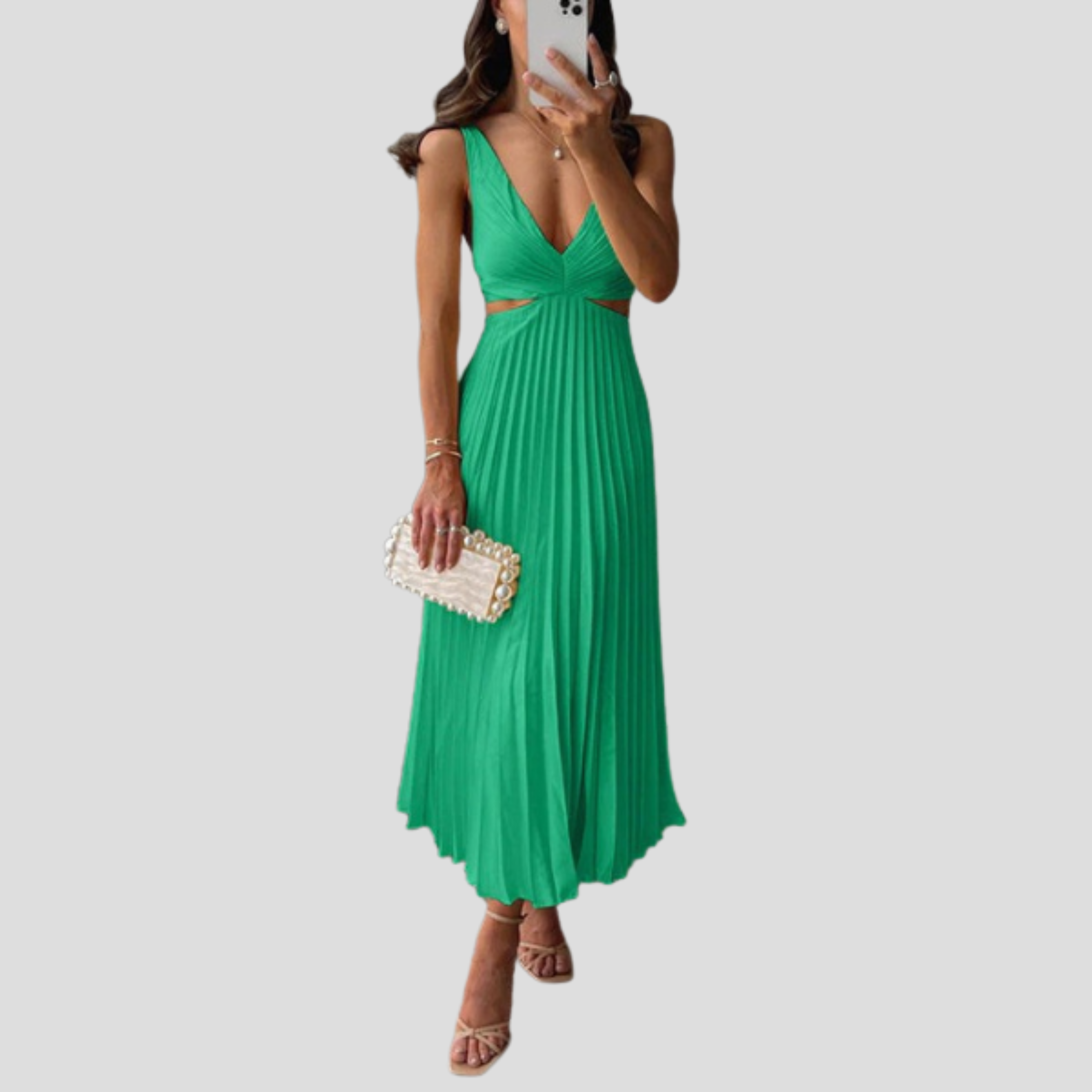 Women Midi Dress | V-Neckline Detail & Vertical Pleated Silhouette for Day Wear