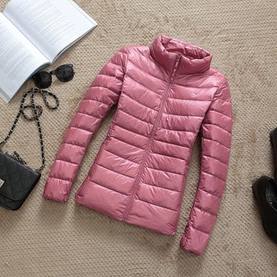 Women's shiny quilted short puffer jacket with zip-up front in multiple colours